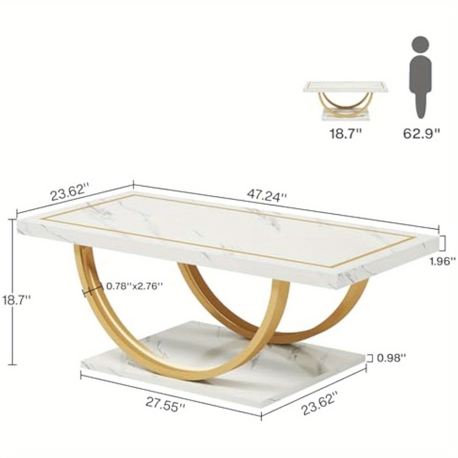 Modern Coffee Table White Gold Coffee Table Rectangle Coffee Table for Living Room, Christmas Renewal Engineered Wood Coffee Table with Faux Marble Veneer and Heavy Duty Metal Frame