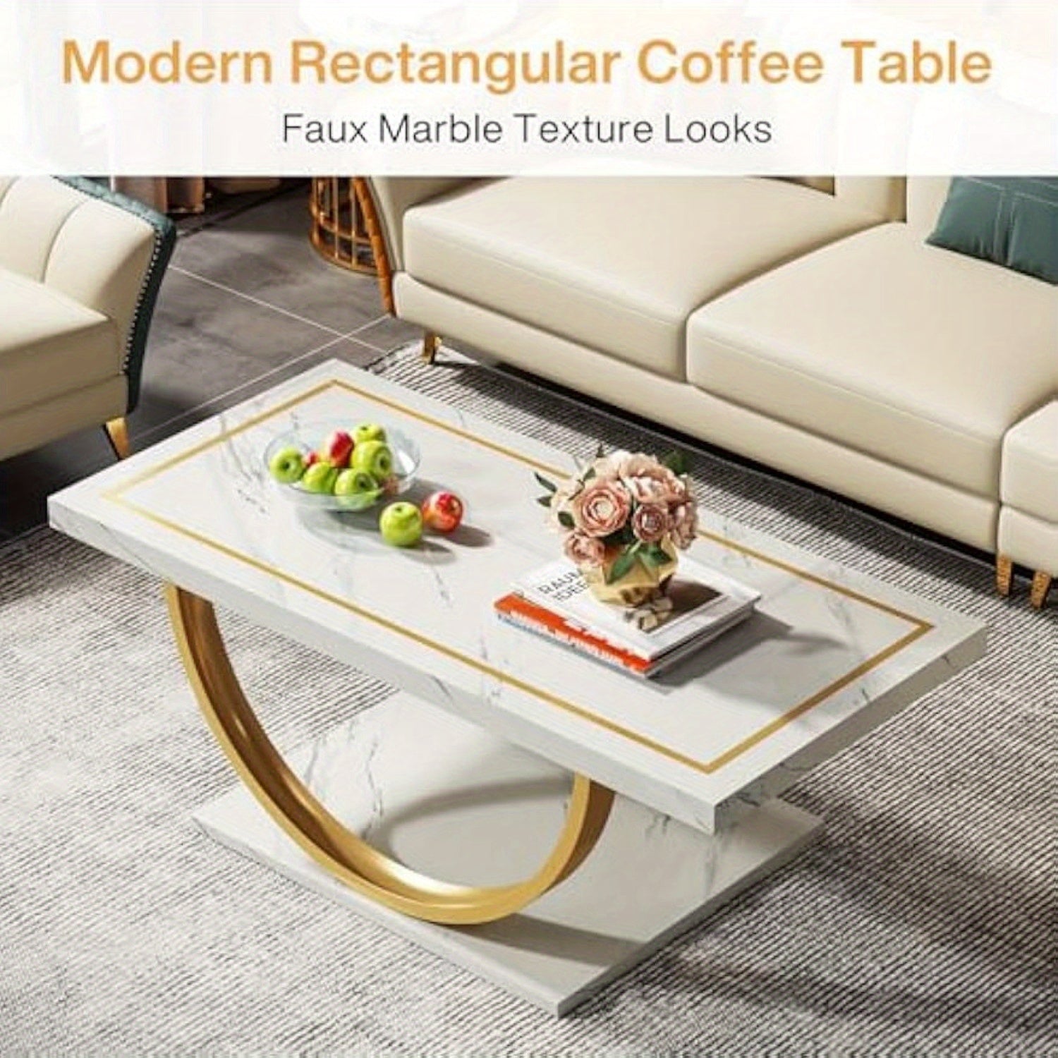 Modern Coffee Table White Gold Coffee Table Rectangle Coffee Table for Living Room, Christmas Renewal Engineered Wood Coffee Table with Faux Marble Veneer and Heavy Duty Metal Frame