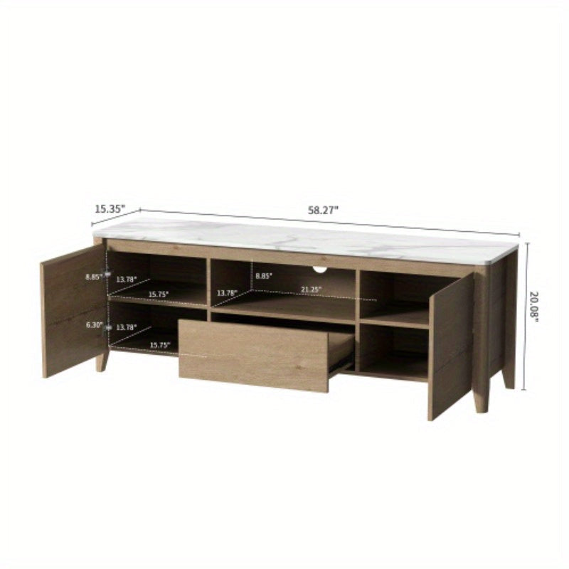 1pc Faxdong Modern Metal Frame TV Stand with Marble Top, Storage Organizer for Home Entertainment Center, Media Console with Drawers and Shelves