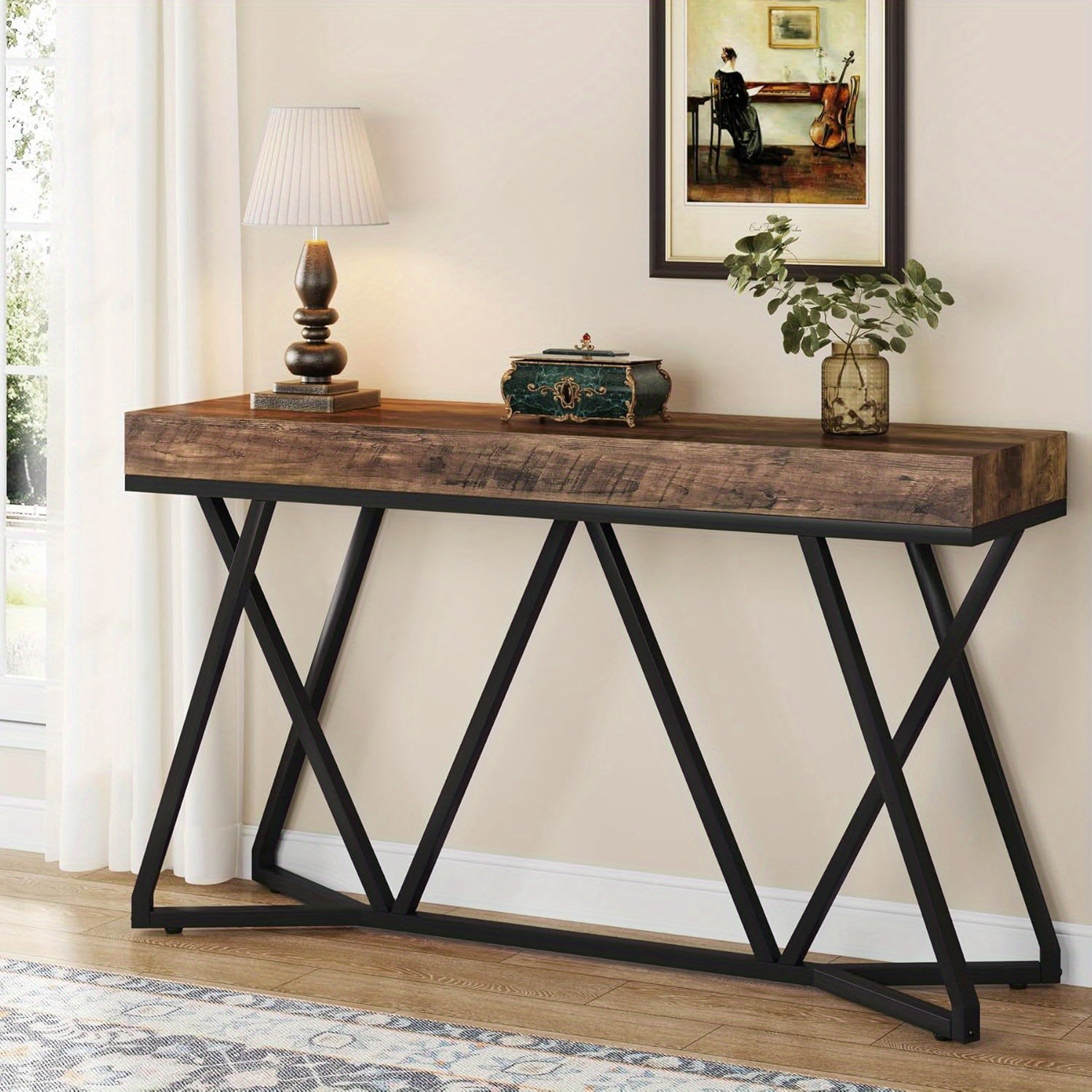 55 Inch Console Table Farmhouse Sofa Table Wood Entryway Table with Unique Metal Base Behind The Couch Table Foyer