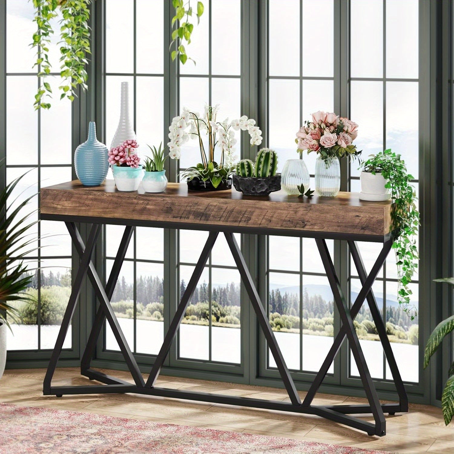 55 Inch Console Table Farmhouse Sofa Table Wood Entryway Table with Unique Metal Base Behind The Couch Table Foyer