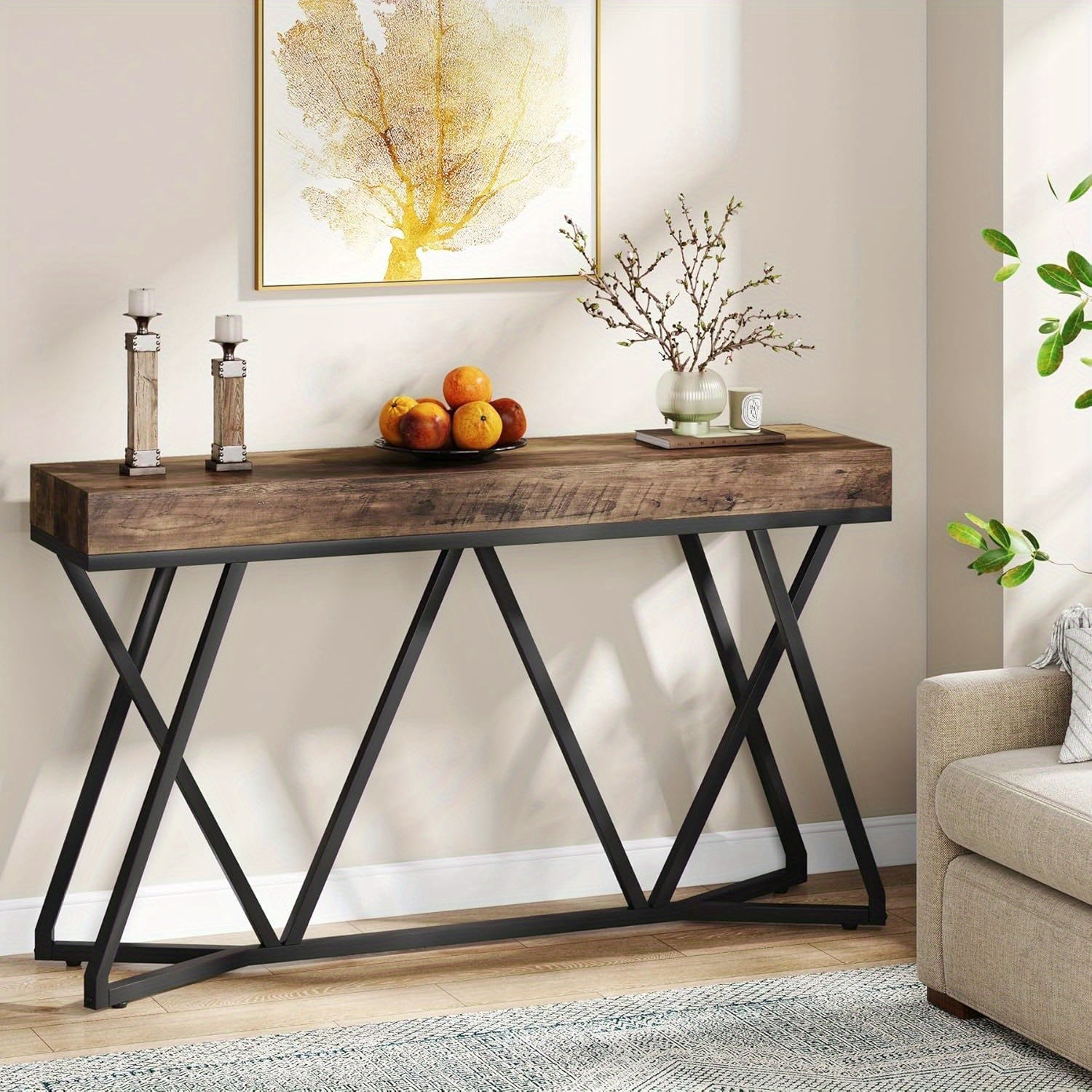 55 Inch Console Table Farmhouse Sofa Table Wood Entryway Table with Unique Metal Base Behind The Couch Table Foyer