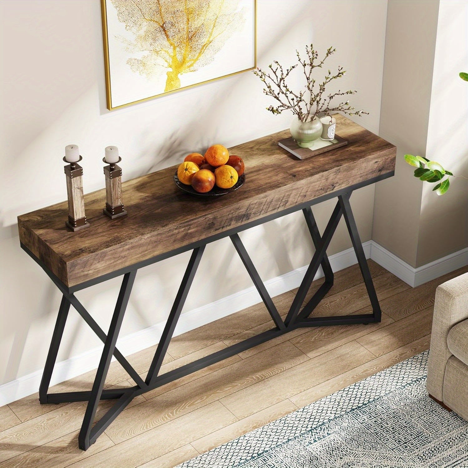 55 Inch Console Table Farmhouse Sofa Table Wood Entryway Table with Unique Metal Base Behind The Couch Table Foyer