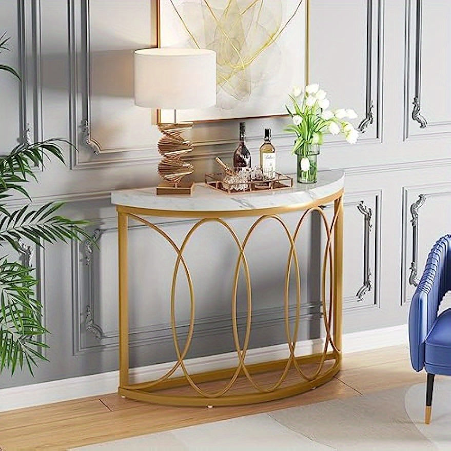 Gold Console Table, 43 Inch Modern Faux Marble Entryway Table, Narrow Semi Circle Sofa Accent Table with Geometric Metal Frame for Living Room, Hallway, Christmas Renewal