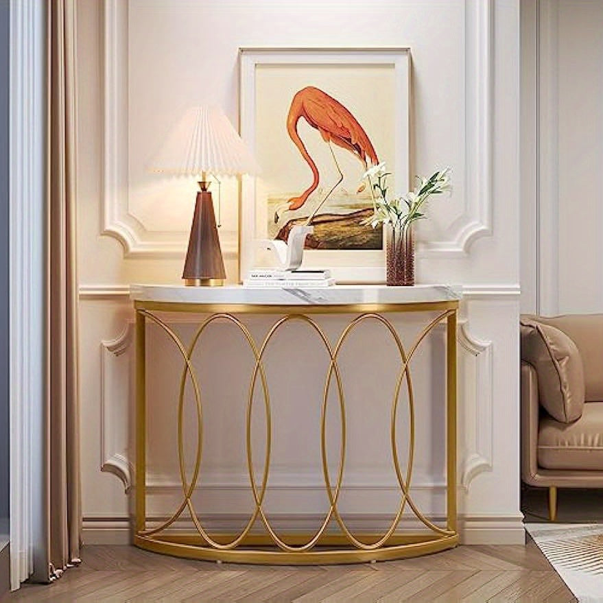 Gold Console Table, 43 Inch Modern Faux Marble Entryway Table, Narrow Semi Circle Sofa Accent Table with Geometric Metal Frame for Living Room, Hallway, Christmas Renewal