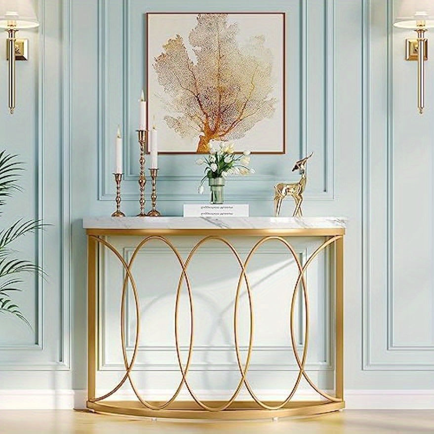 Gold Console Table, 43 Inch Modern Faux Marble Entryway Table, Narrow Semi Circle Sofa Accent Table with Geometric Metal Frame for Living Room, Hallway, Christmas Renewal