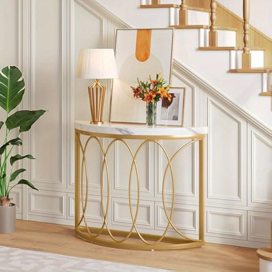 Gold Console Table, 43 Inch Modern Faux Marble Entryway Table, Narrow Semi Circle Sofa Accent Table with Geometric Metal Frame for Living Room, Hallway, Christmas Renewal