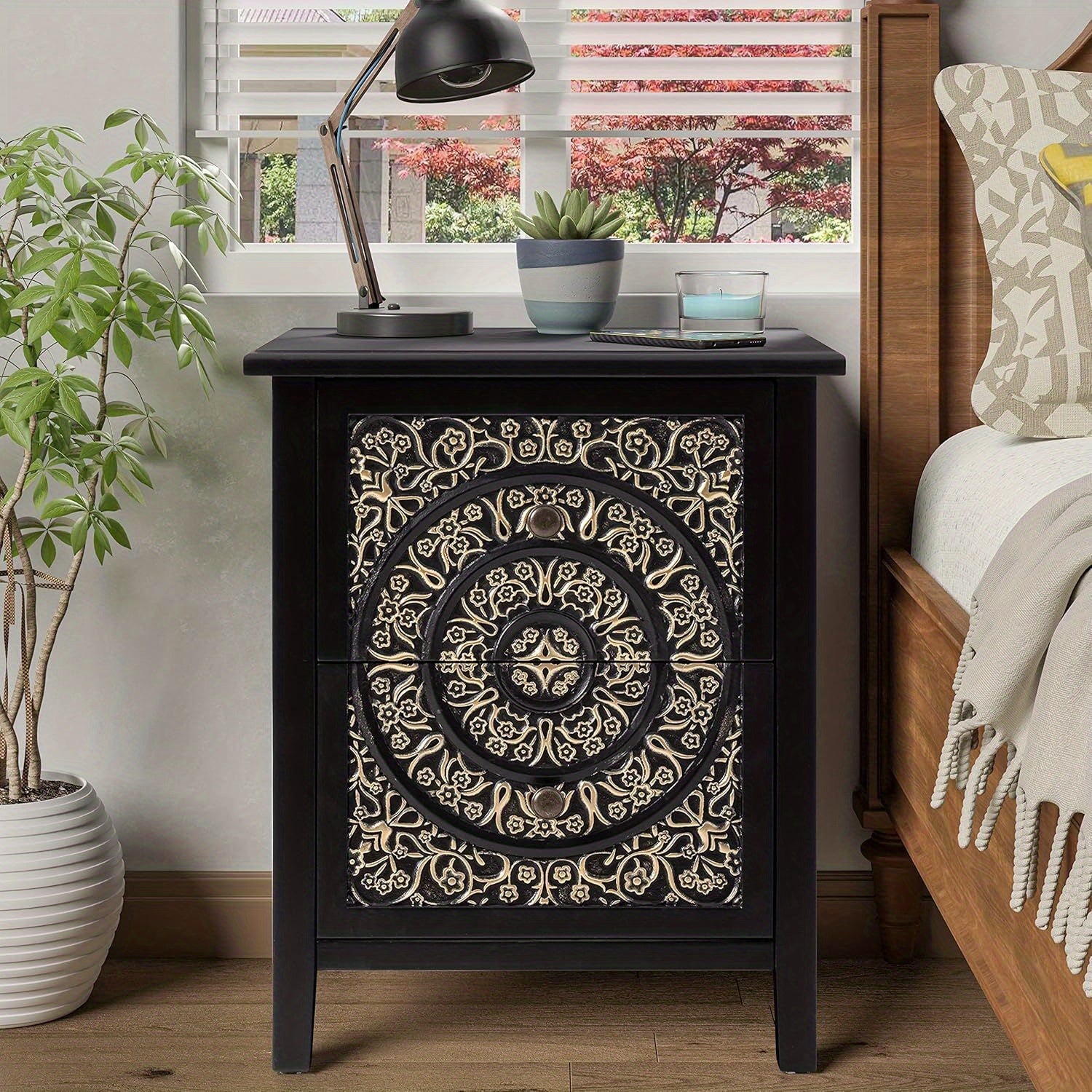 Farmhouse Fully-Assembled Nightstand with 2-Drawer, 3-Drawer, Flower Motif End Table for Small Spaces, French Country, Modern, Distressed Finish, White, Black