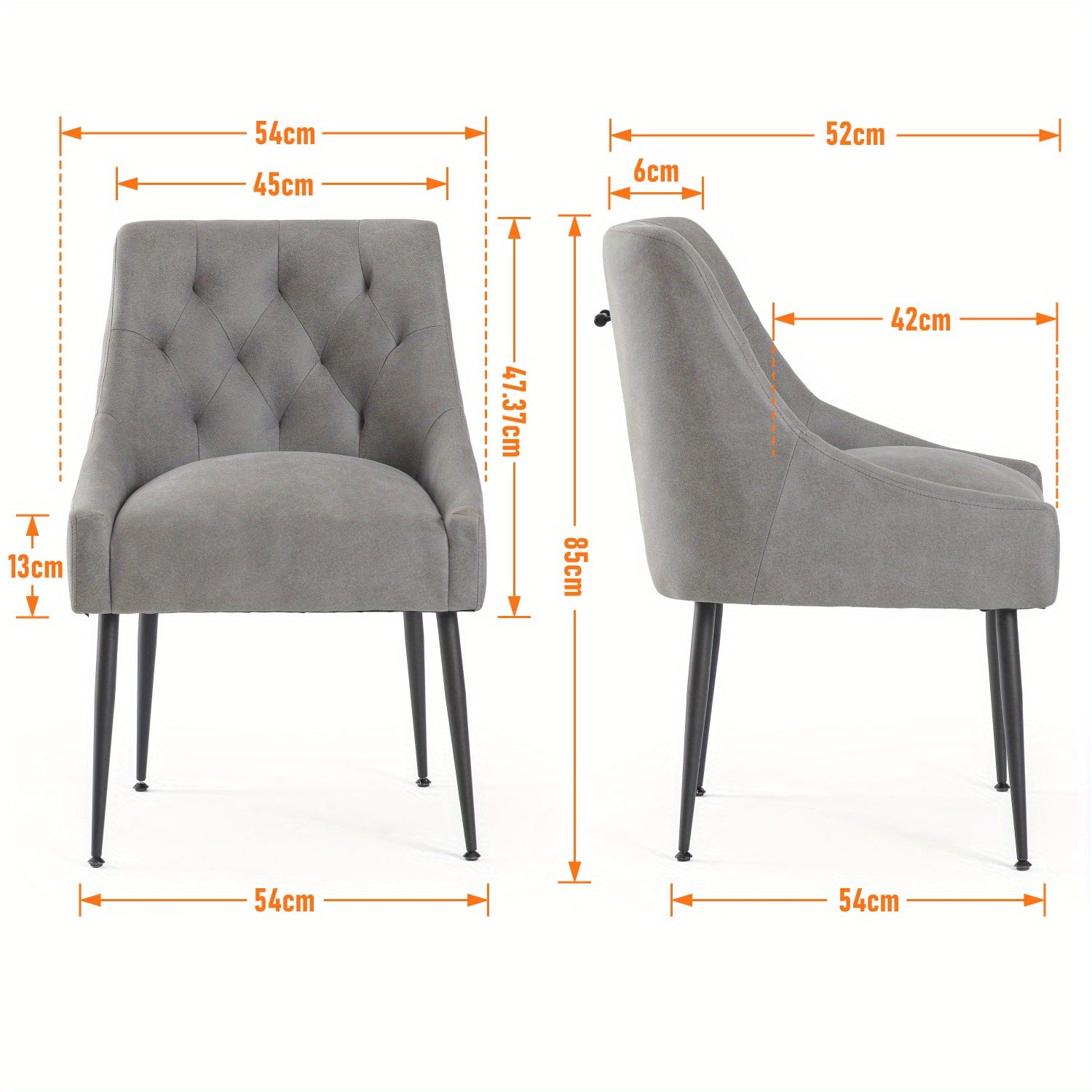 Modern Dining Chairs Set of 2, Mid Century Kitchen Dining Chairs with 5.12 in Cushions and Metal Legs, Upholstered Dining Chairs with Back Pull Rod for Kitchen, Living Room (Grey)