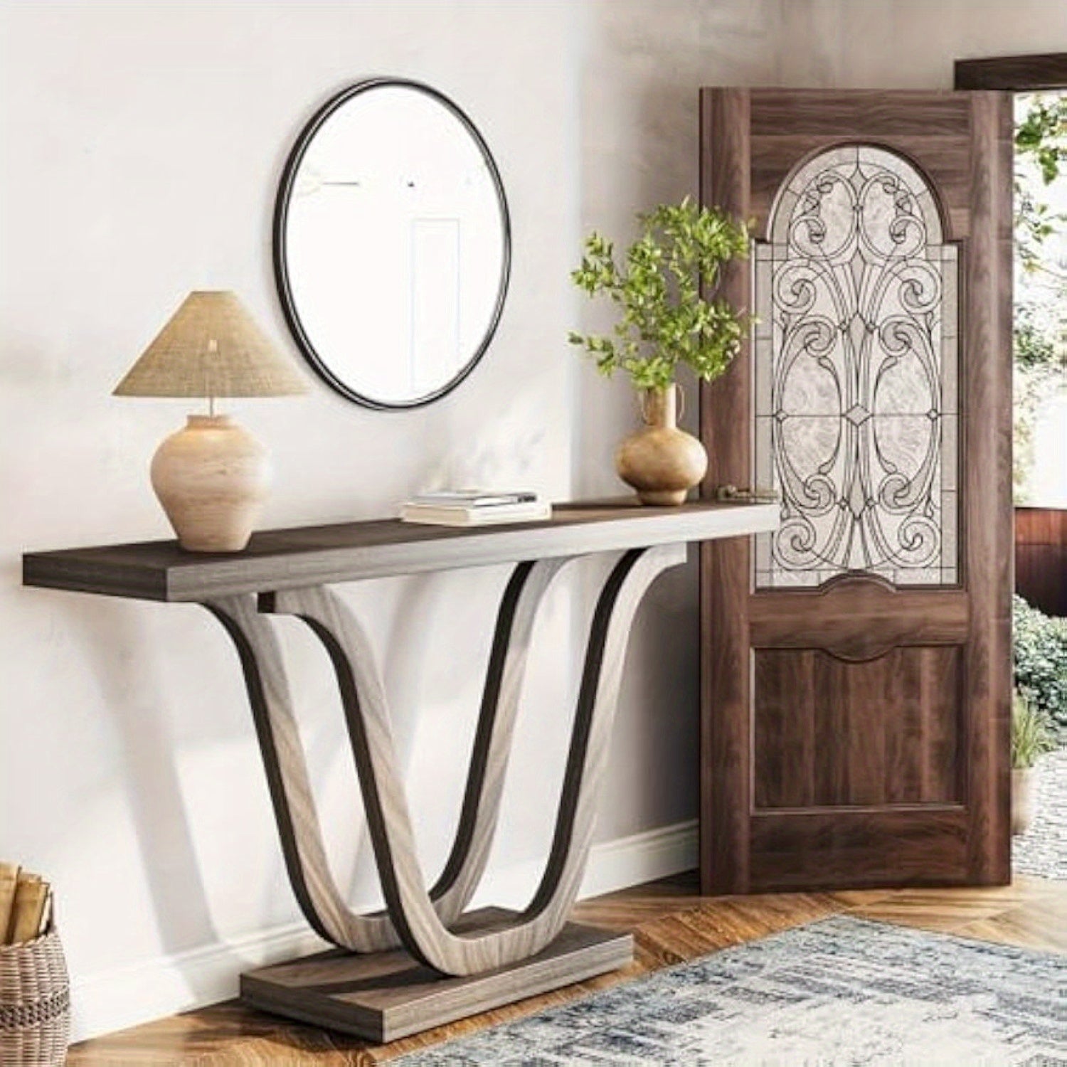 Farmhouse Console Table, Wood Entryway Table, Narrow Hallway Table, Behind Couch Table Foyer Table with Double U-Shaped Legs for Entryway, Living Room, Corridor, Christmas Renewal