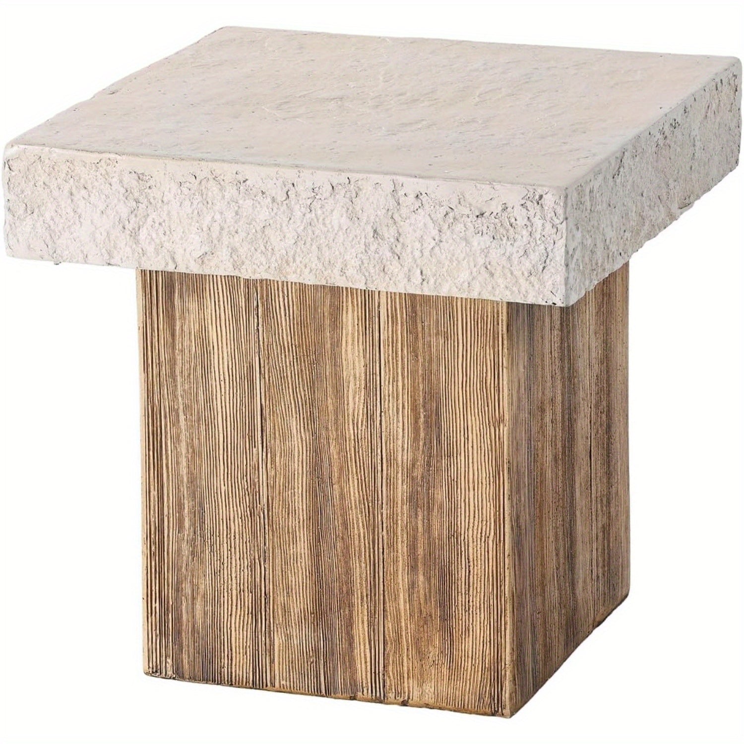 Outdoor Medium Side Table, Patio Coffee Table, 19.7 inches Square MgO Table with Faux Wooden Pedestal Base, End Table for Patio, Garden, Backyard, Antique Beige