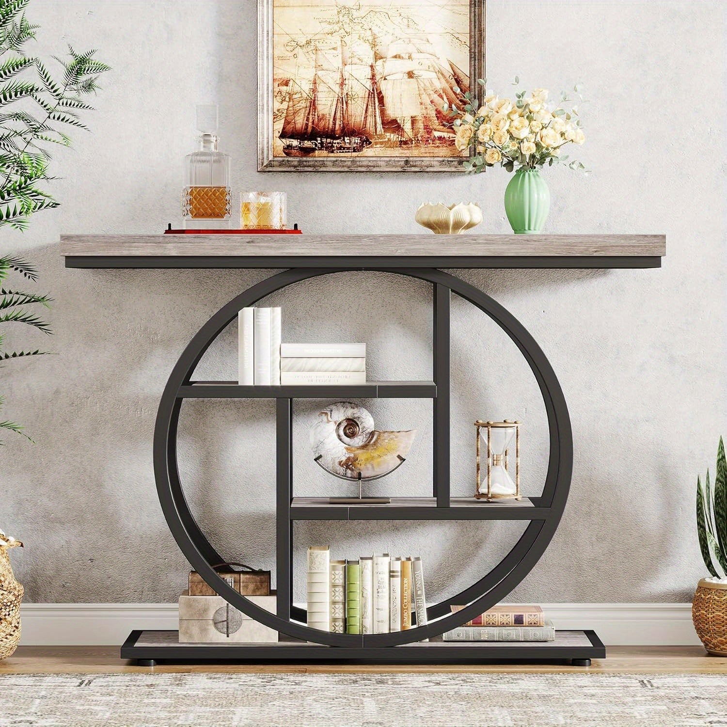 41.3" Console Table, Modern 4-Tier Sofa Table Entryway Table with Circle Base, Narrow Wood Accent Tables with Storage Shelves for Living Room, Hallway, Foyer, Christmas Renewal