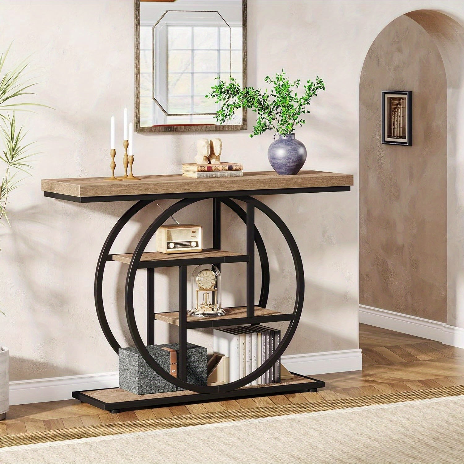 41.3" Console Table, Modern 4-Tier Sofa Table Entryway Table with Circle Base, Narrow Wood Accent Tables with Storage Shelves for Living Room, Hallway, Foyer, Christmas Renewal