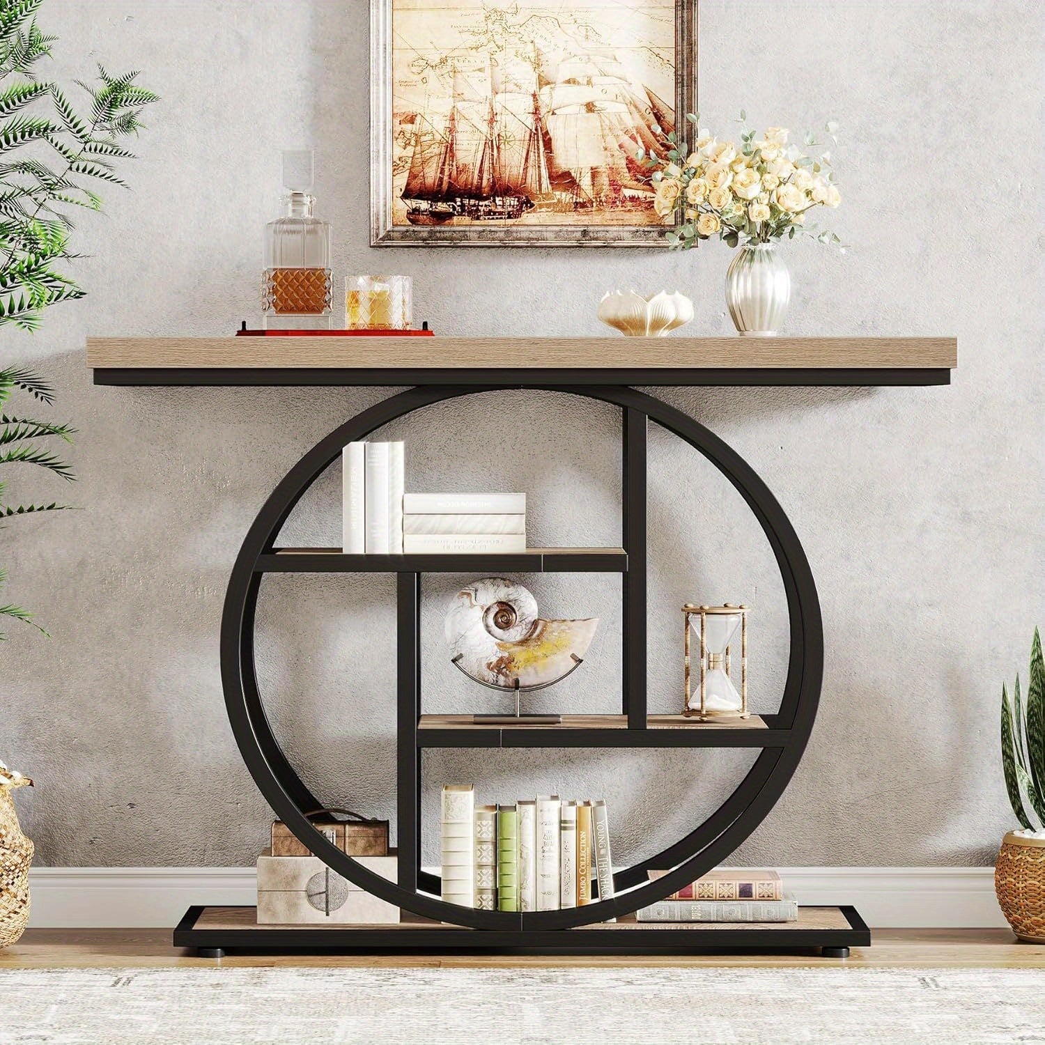 41.3" Console Table, Modern 4-Tier Sofa Table Entryway Table with Circle Base, Narrow Wood Accent Tables with Storage Shelves for Living Room, Hallway, Foyer, Christmas Renewal