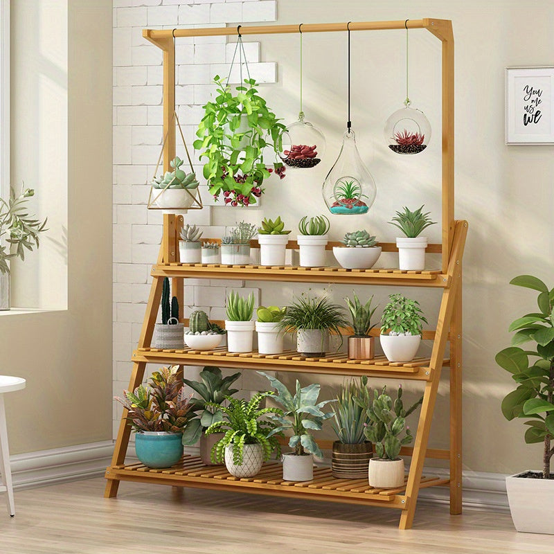 3 Tier Folding Bamboo Hanging Plant Stand Pot Shelf Stand Rack Indoor Outdoor Multi Use Greenhouse