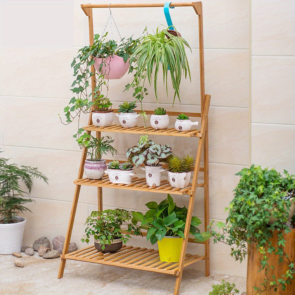 3 Tier Folding Bamboo Hanging Plant Stand Pot Shelf Stand Rack Indoor Outdoor Multi Use Greenhouse