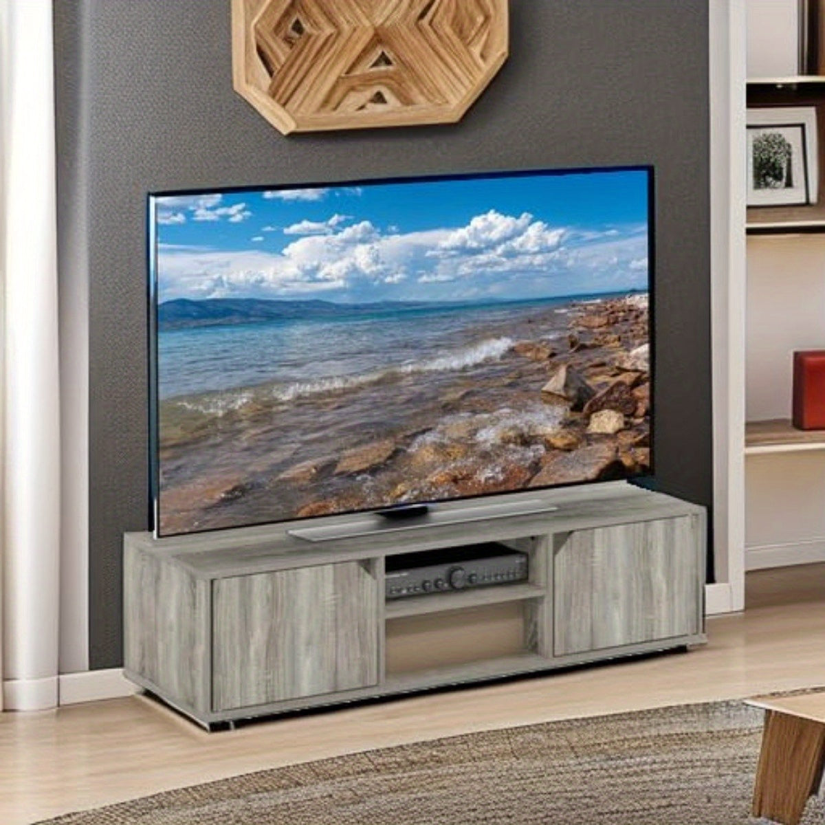 Classic Stand for TV up to 55 Inch, French Oak, Entertainment Center with Storage Shelves, Living Room Furniture, Modern Design, Easy Assembly