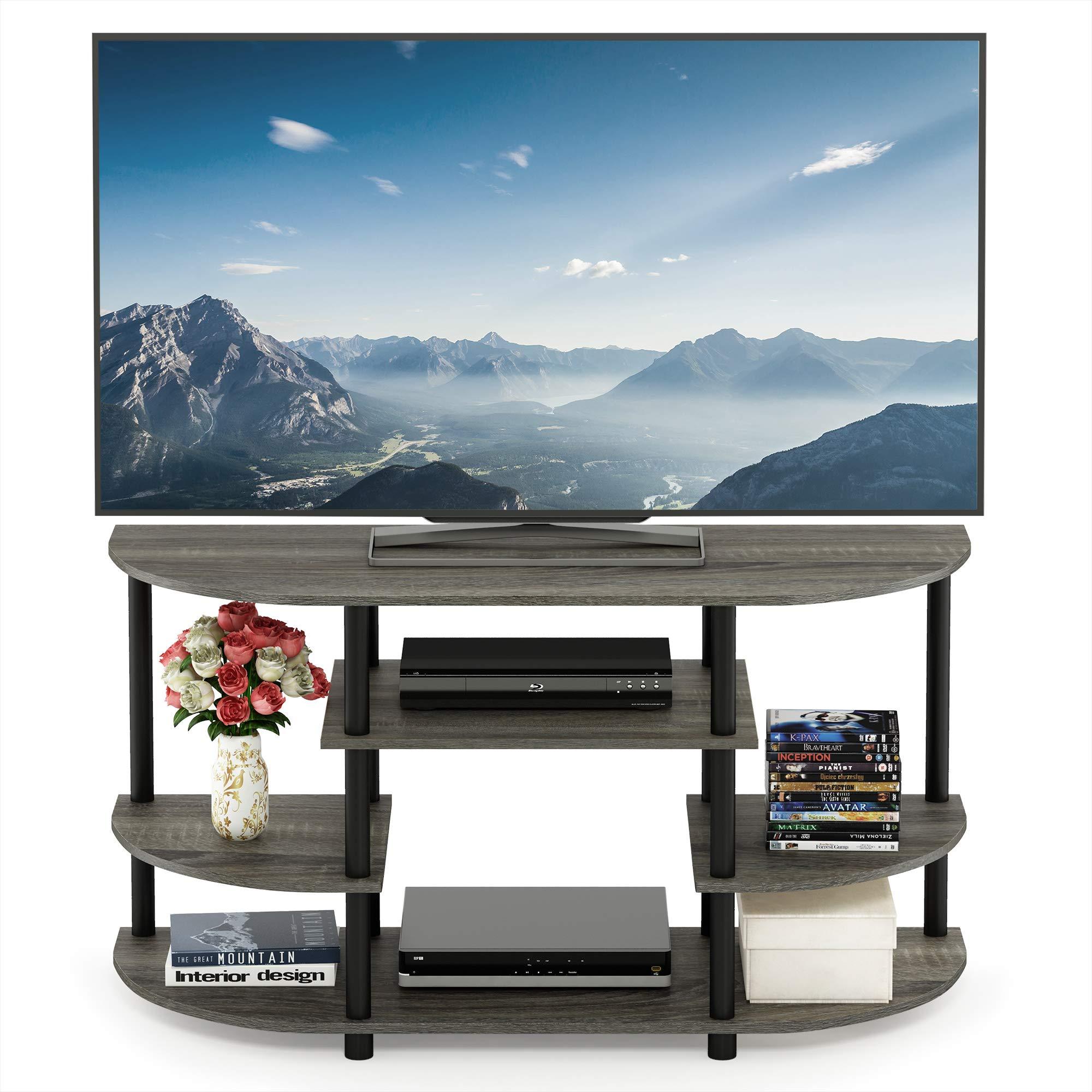 Simple Design Corner TV Stand, French Oak Grey/ Black, Space-Saving TV Unit, Modern Living Room Furniture, Easy Assembly