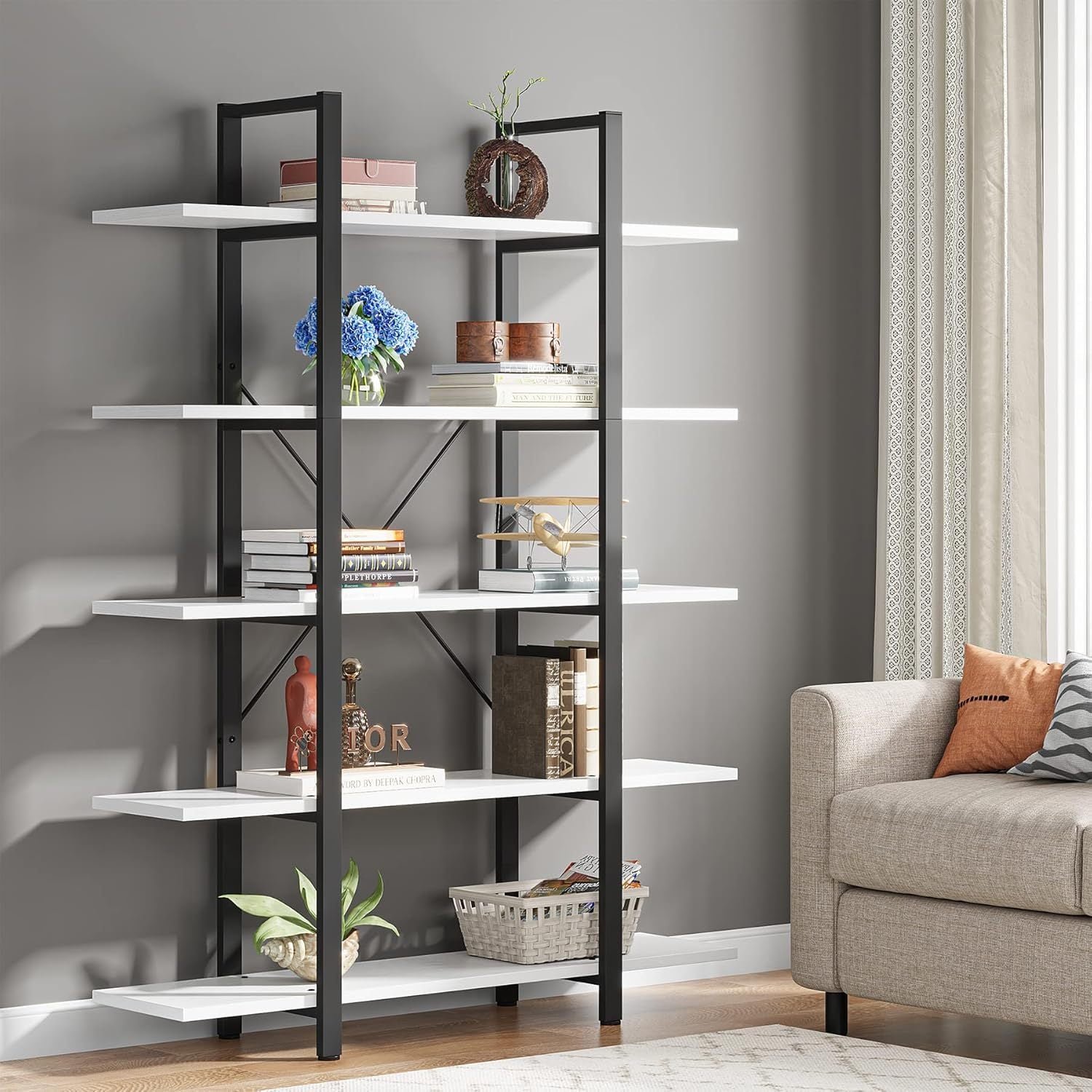 5-Tier Bookshelf Vintage Modern Style Bookcase 70 ‘’ H x 12’’ W x 47’’L Christmas Renewal - Bookshelf Westberry