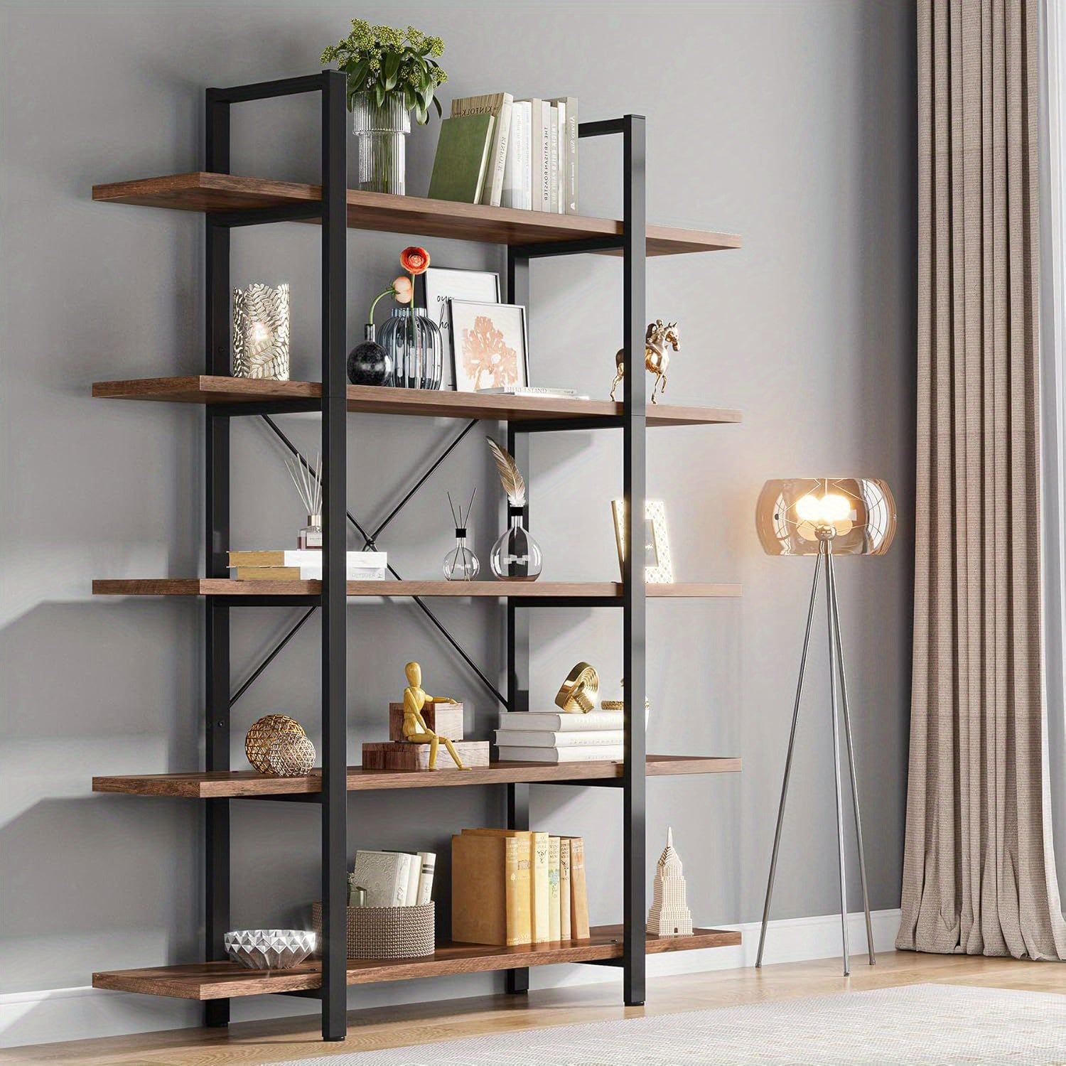 5-Tier Bookshelf Vintage Modern Style Bookcase 70 ‘’ H x 12’’ W x 47’’L Christmas Renewal - Retro Brown - Bookshelf
