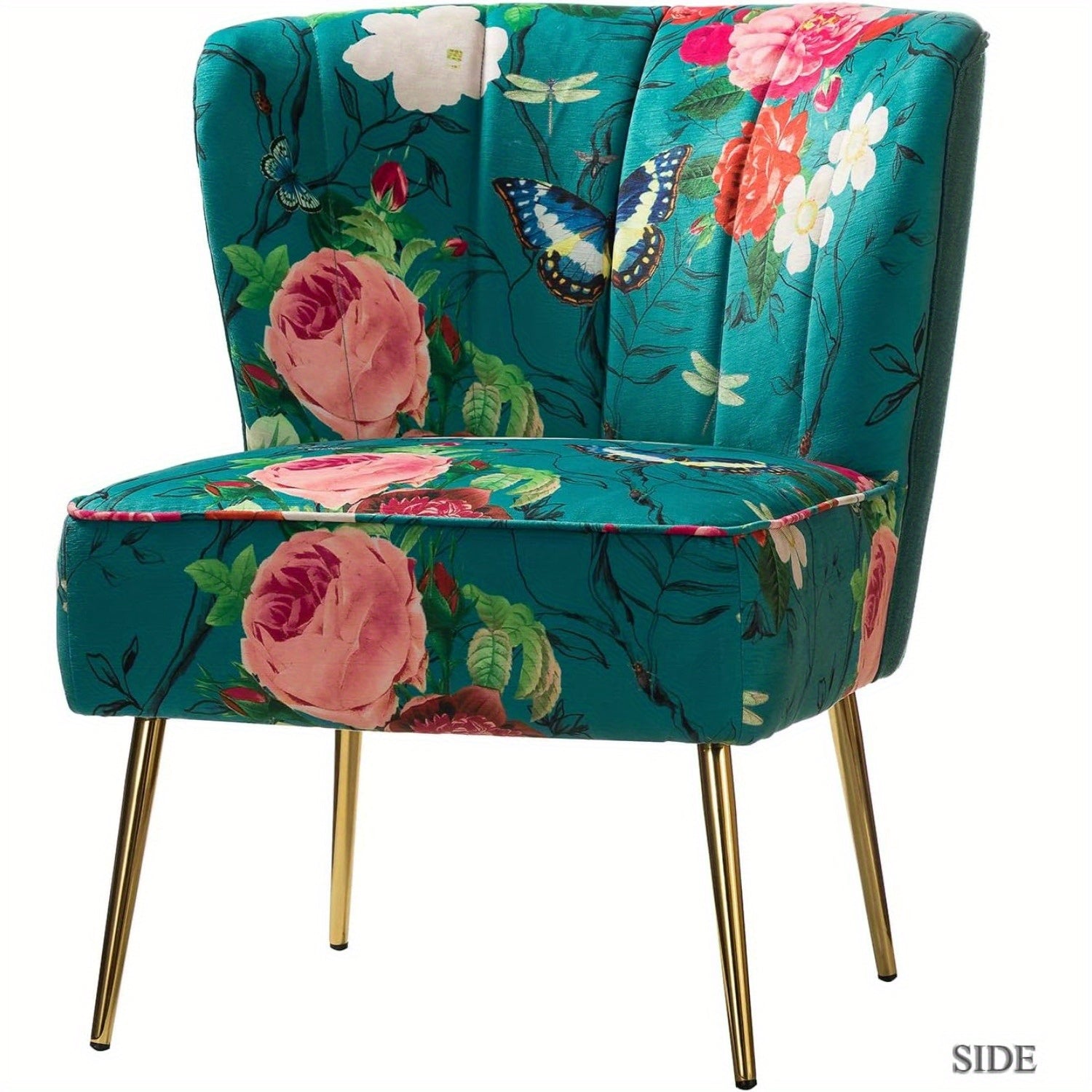 Accent Chair with Golden Metal Legs, Comfy Tufted Wingback Living Room Chair Floral Fabric Small Armless Side Chair, Upholstered Slipper Chair for Bedroom, Reading Room (Flower Print)