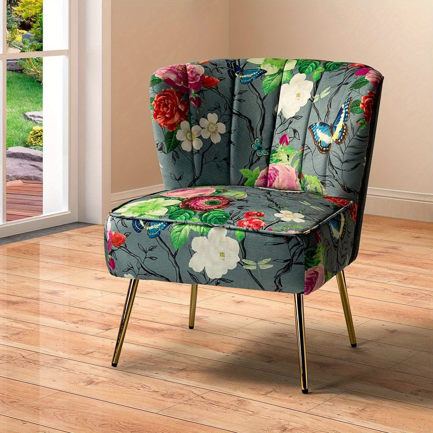 Accent Chair with Golden Metal Legs, Comfy Tufted Wingback Living Room Chair Floral Fabric Small Armless Side Chair, Upholstered Slipper Chair for Bedroom, Reading Room (Flower Print)