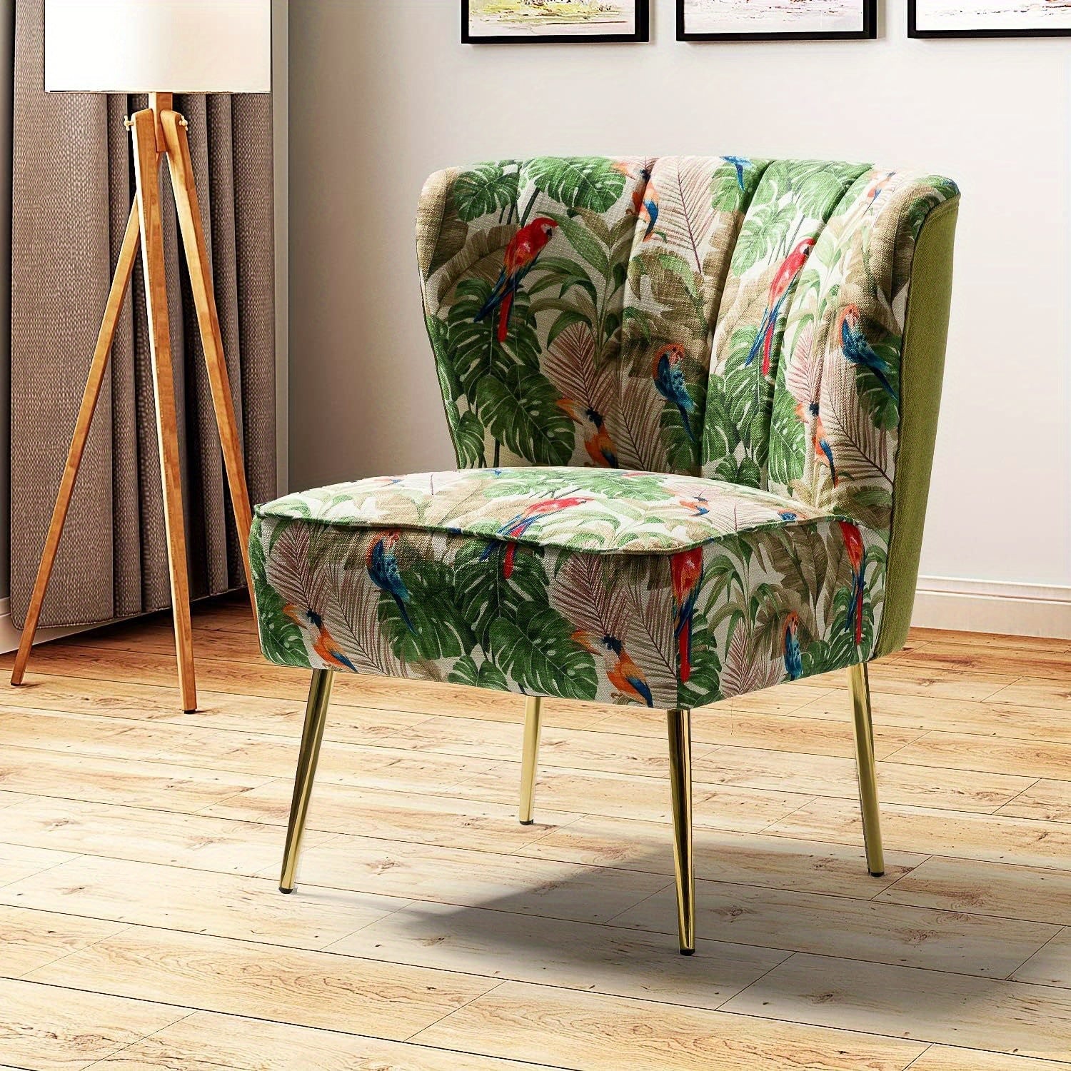 Accent Chair with Golden Metal Legs, Comfy Tufted Wingback Living Room Chair Floral Fabric Small Armless Side Chair, Upholstered Slipper Chair for Bedroom, Reading Room (Flower Print)