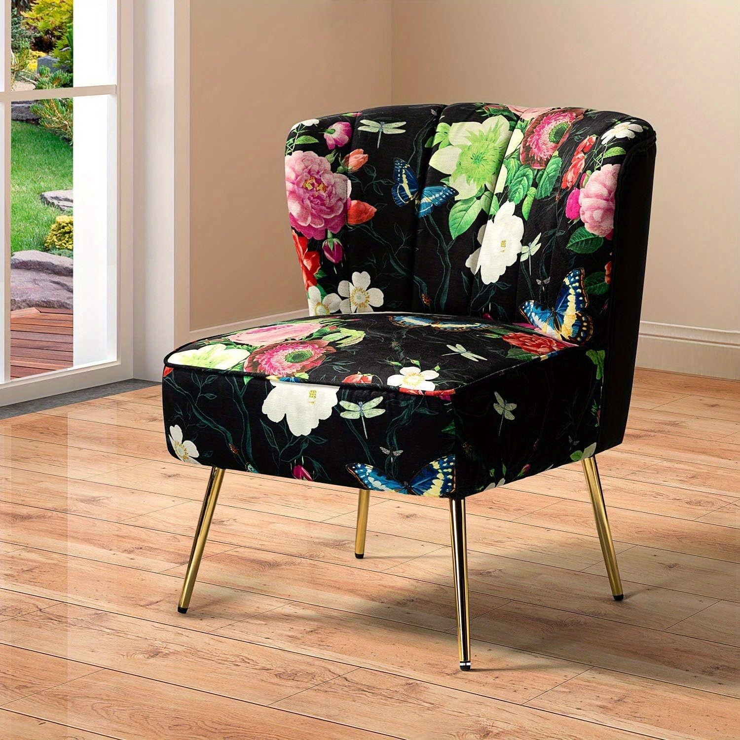 Accent Chair with Golden Metal Legs, Comfy Tufted Wingback Living Room Chair Floral Fabric Small Armless Side Chair, Upholstered Slipper Chair for Bedroom, Reading Room (Flower Print)