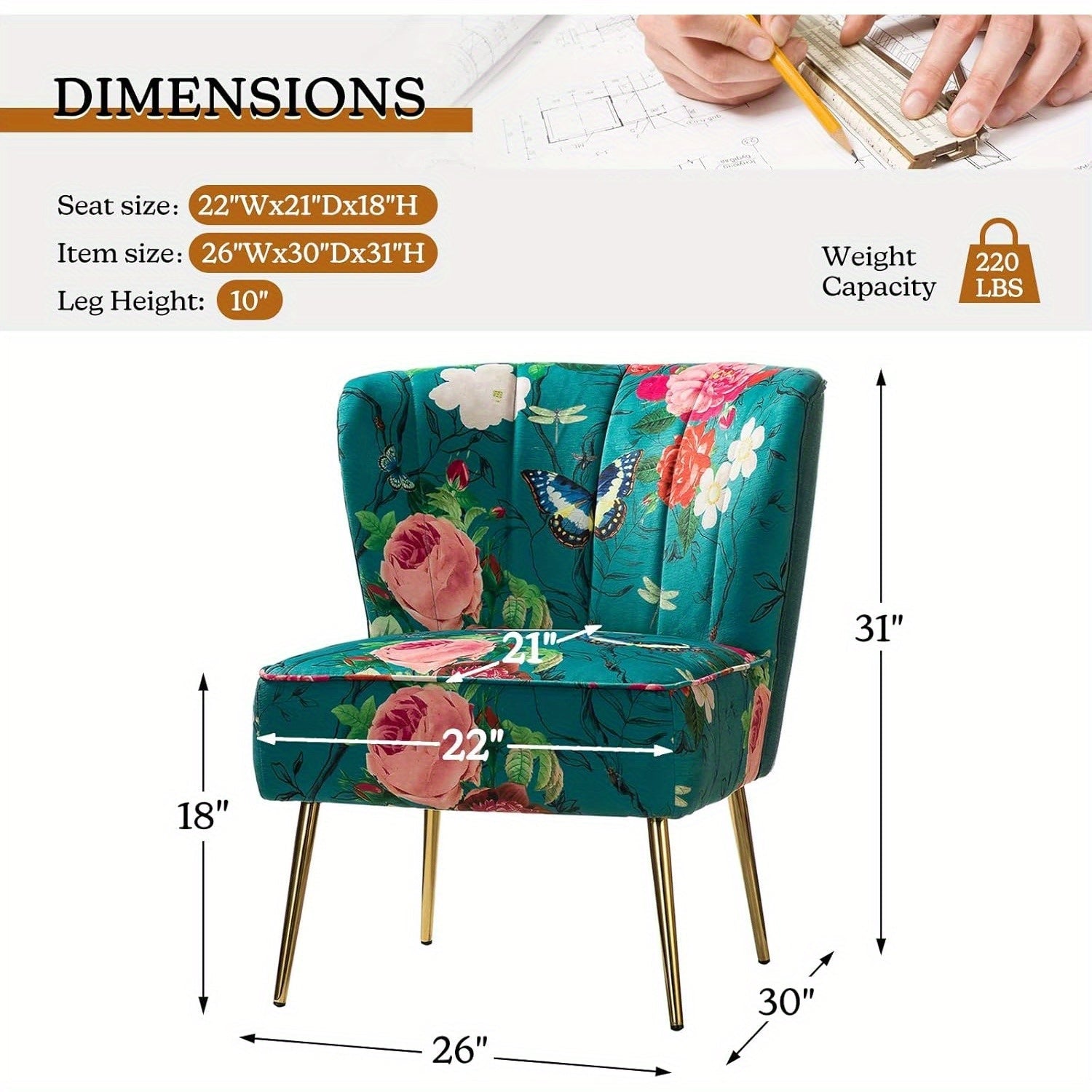 Accent Chair with Golden Metal Legs, Comfy Tufted Wingback Living Room Chair Floral Fabric Small Armless Side Chair, Upholstered Slipper Chair for Bedroom, Reading Room (Flower Print)