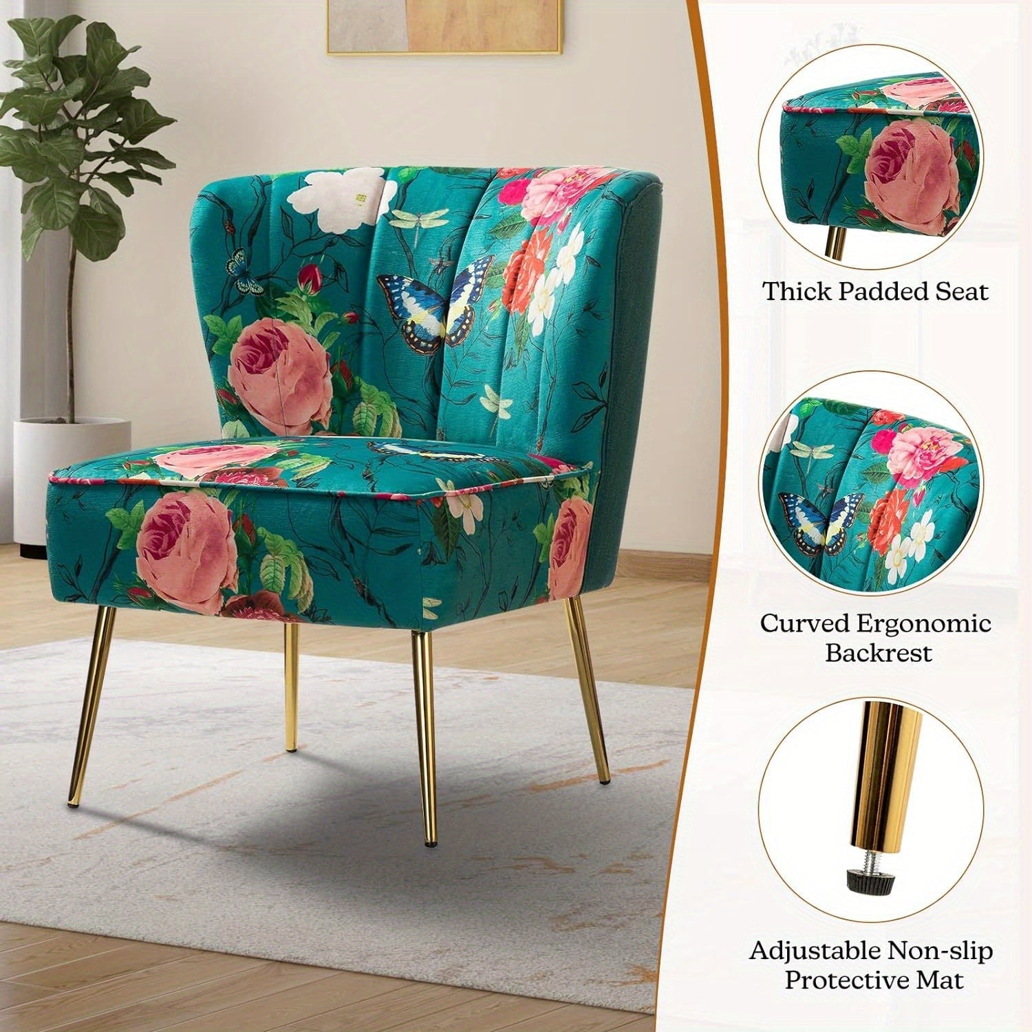 Accent Chair with Golden Metal Legs, Comfy Tufted Wingback Living Room Chair Floral Fabric Small Armless Side Chair, Upholstered Slipper Chair for Bedroom, Reading Room (Flower Print)