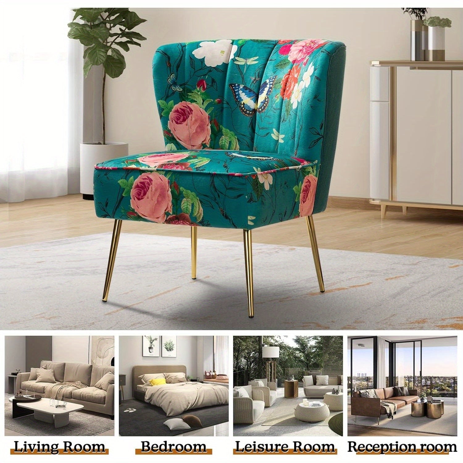 Accent Chair with Golden Metal Legs, Comfy Tufted Wingback Living Room Chair Floral Fabric Small Armless Side Chair, Upholstered Slipper Chair for Bedroom, Reading Room (Flower Print)