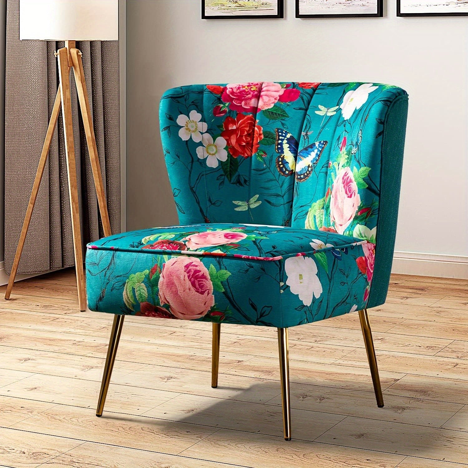 Accent Chair with Golden Metal Legs, Comfy Tufted Wingback Living Room Chair Floral Fabric Small Armless Side Chair, Upholstered Slipper Chair for Bedroom, Reading Room (Flower Print)