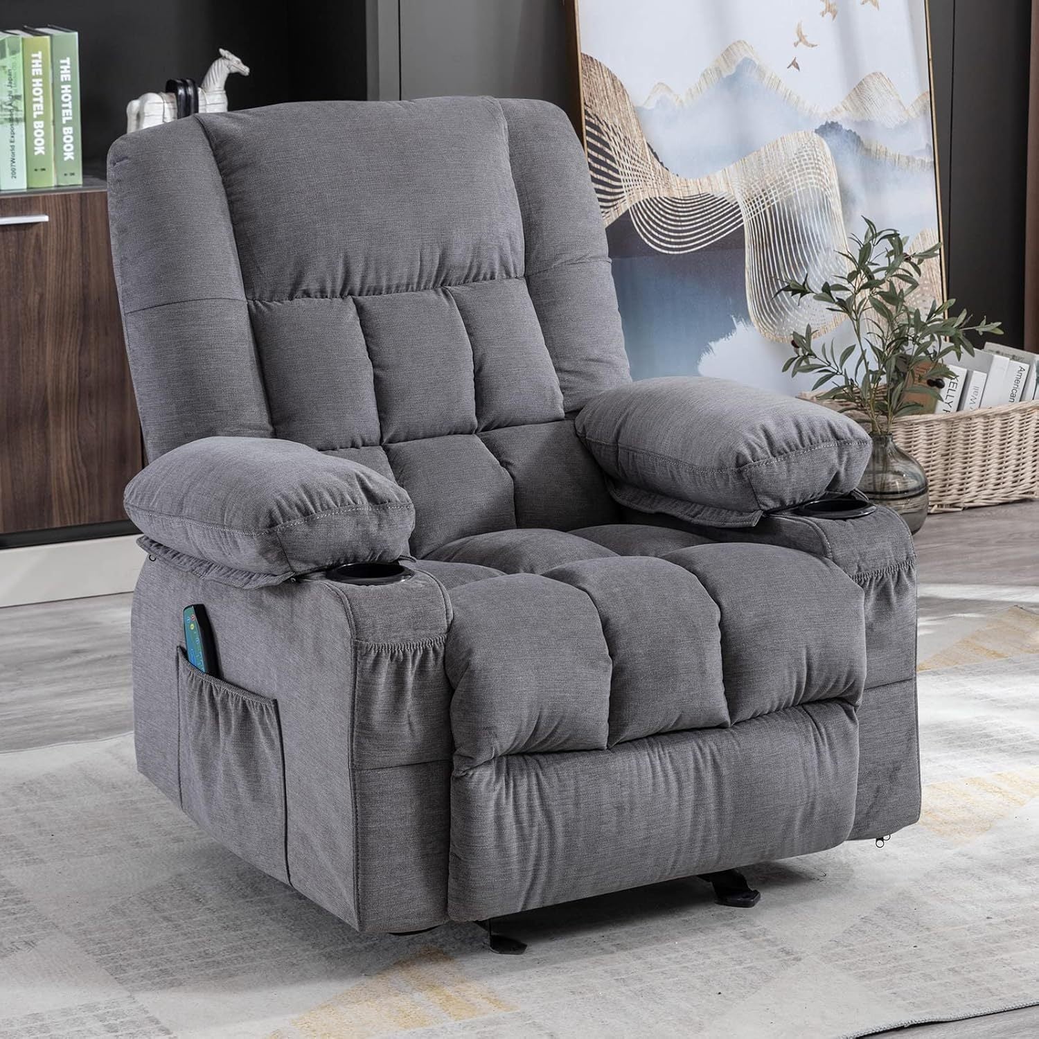 Massage Rocker Recliner Chair with Vibration Massage and Heat Ergonomic Lounge Chair for Living Room with Rocking Function and Side Pocket, 2 Cup Holders, USB Charge Port