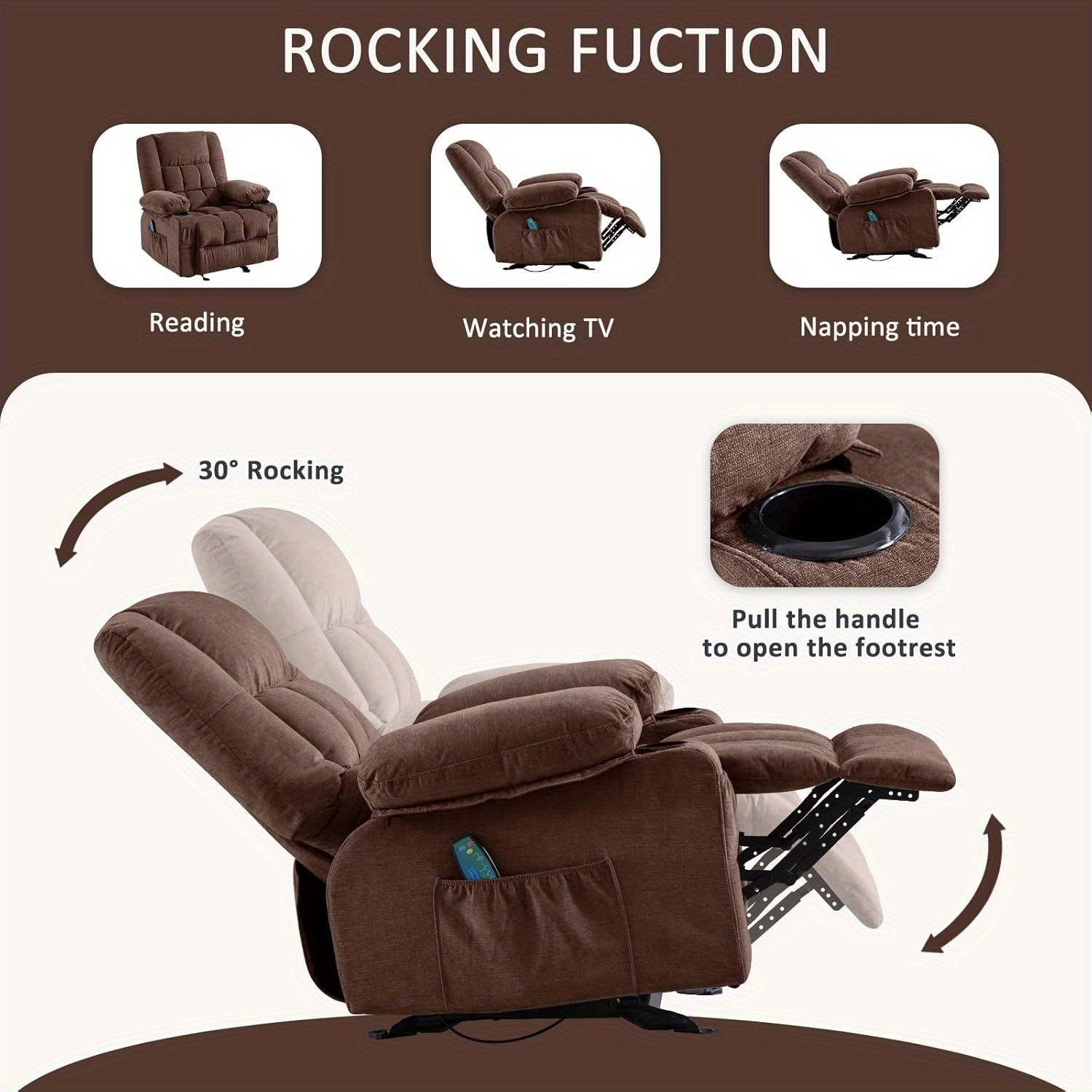 Massage Rocker Recliner Chair with Vibration Massage and Heat Ergonomic Lounge Chair for Living Room with Rocking Function and Side Pocket, 2 Cup Holders, USB Charge Port