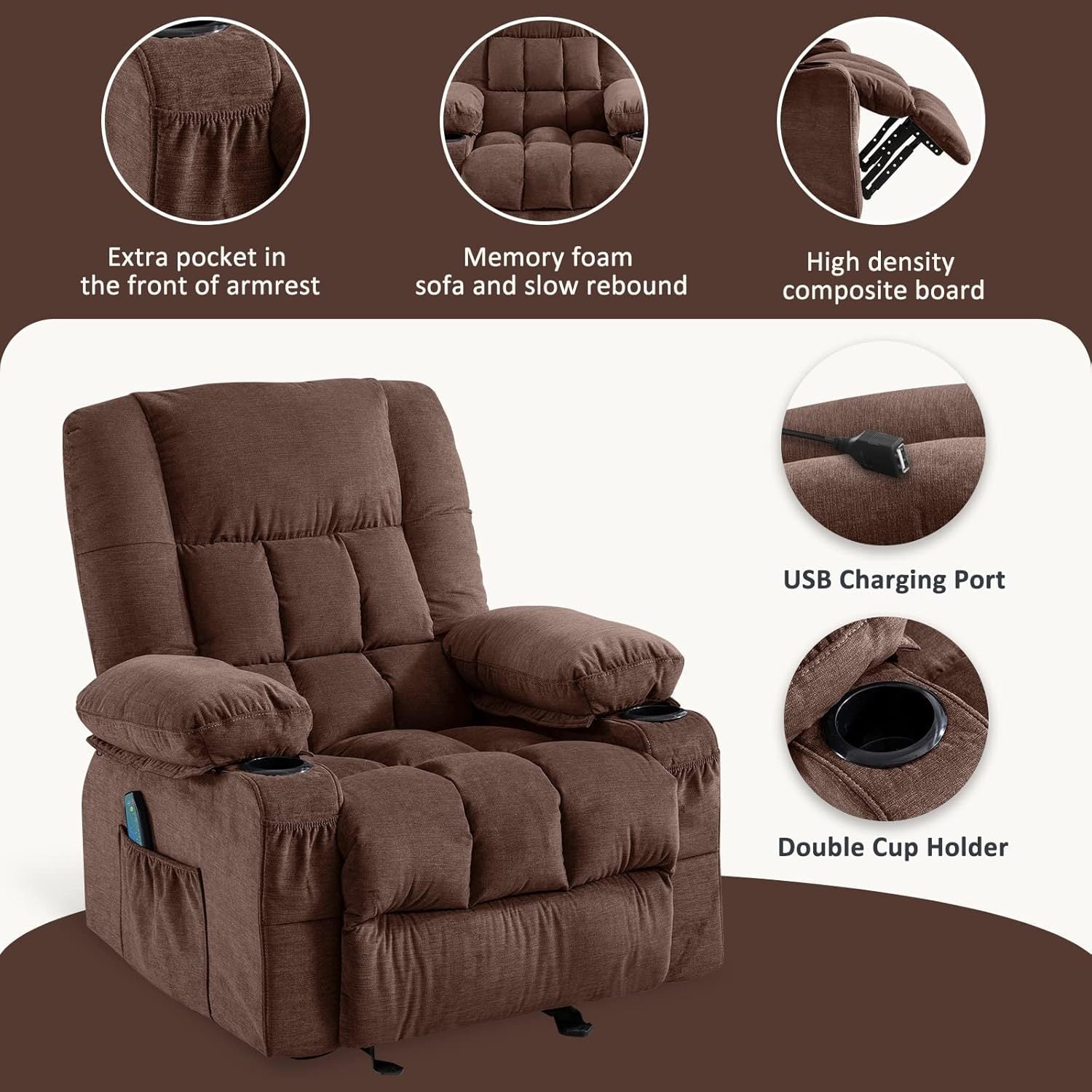 Massage Rocker Recliner Chair with Vibration Massage and Heat Ergonomic Lounge Chair for Living Room with Rocking Function and Side Pocket, 2 Cup Holders, USB Charge Port