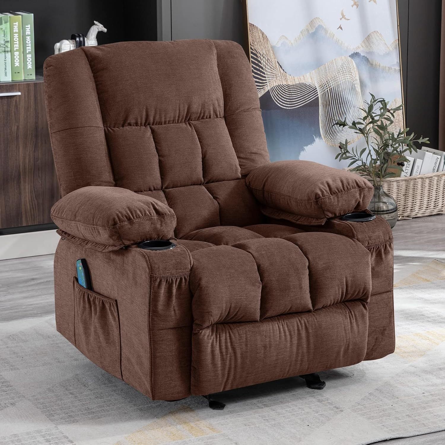 Massage Rocker Recliner Chair with Vibration Massage and Heat Ergonomic Lounge Chair for Living Room with Rocking Function and Side Pocket, 2 Cup Holders, USB Charge Port