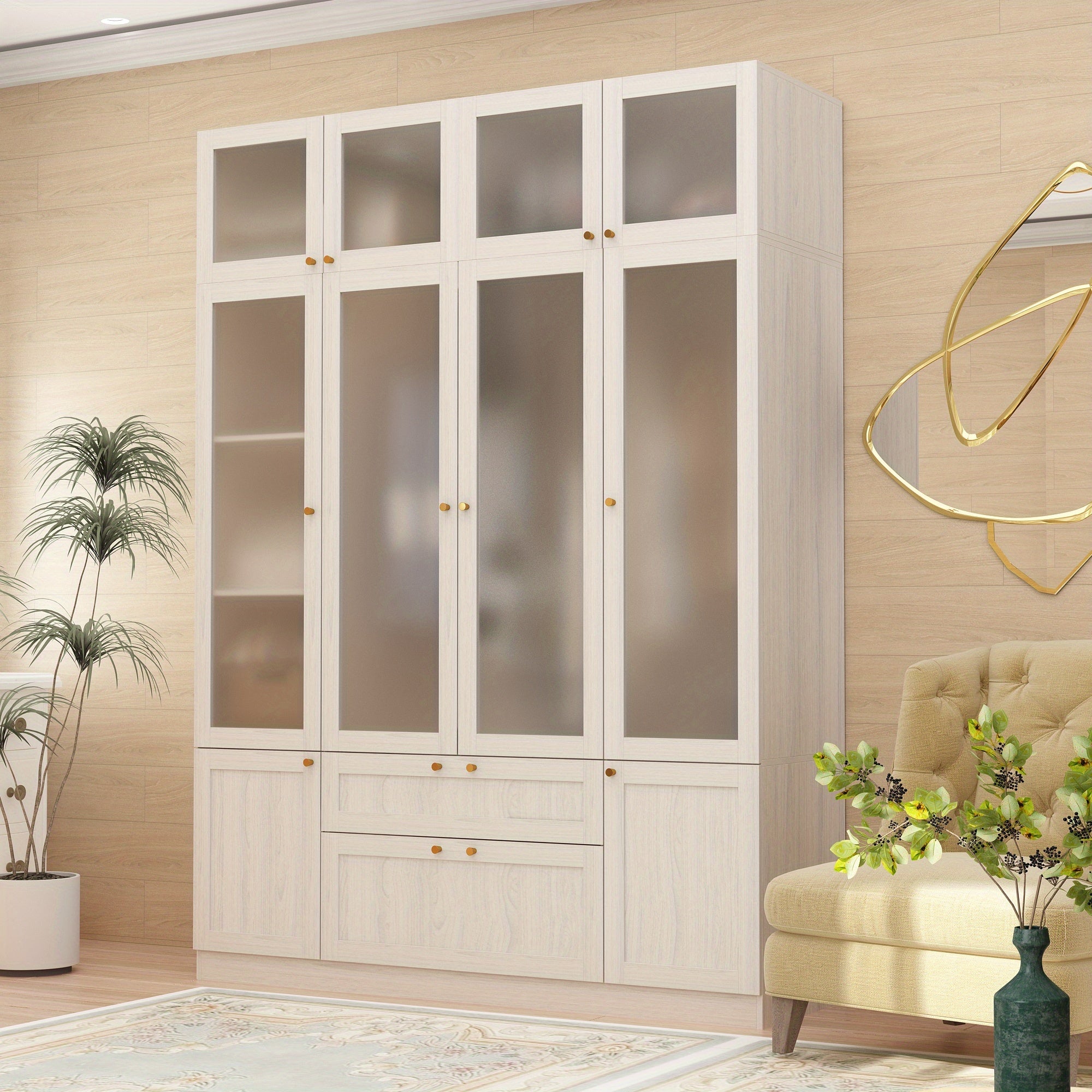 wardrobe with 4 frosted glass doors, hangers, shelves, and drawers, bedroom wooden wardrobe storage cabinet