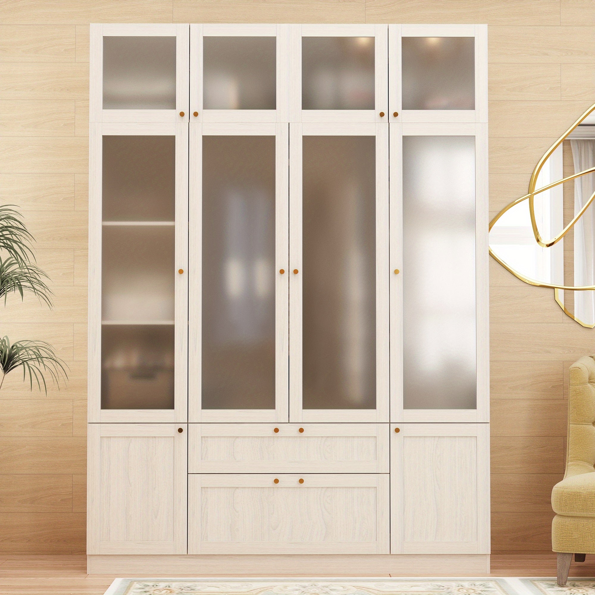 wardrobe with 4 frosted glass doors, hangers, shelves, and drawers, bedroom wooden wardrobe storage cabinet