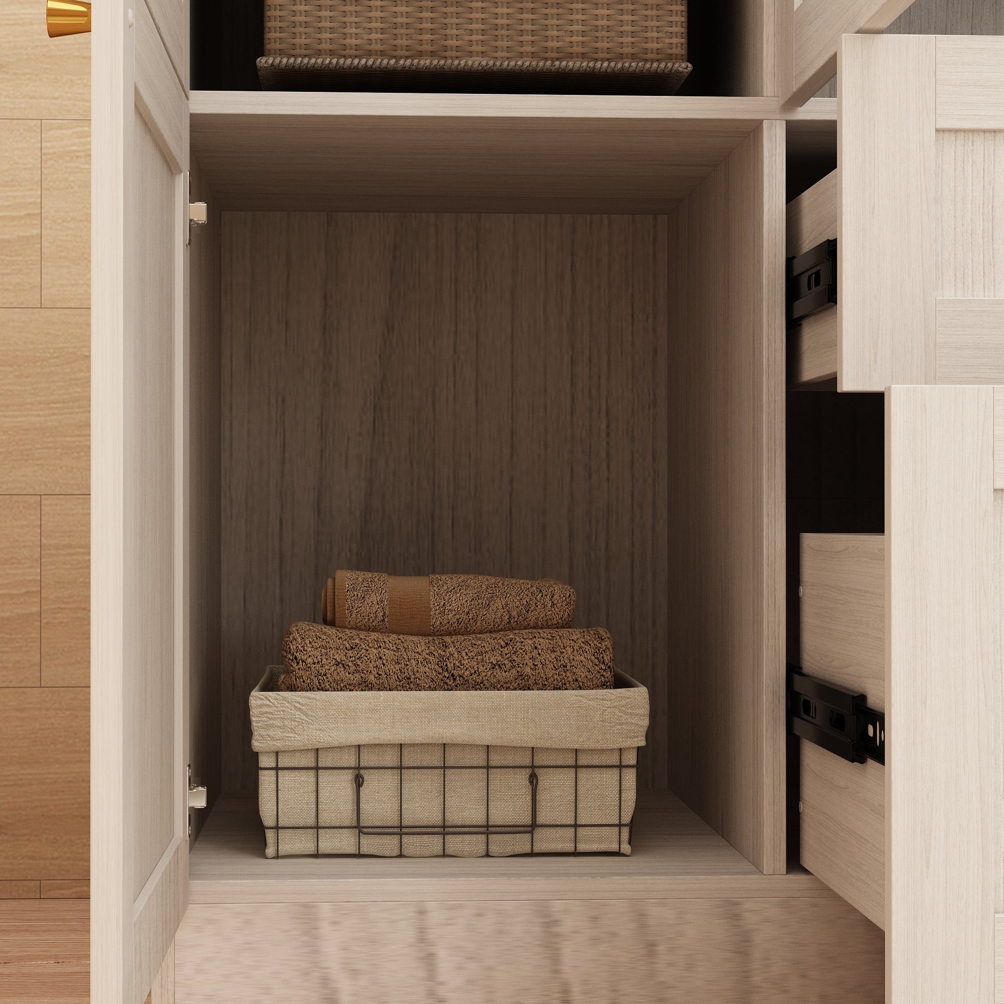 wardrobe with 4 frosted glass doors hangers shelves and drawers bedroom wooden wardrobe storage cabinet - Warm Gray