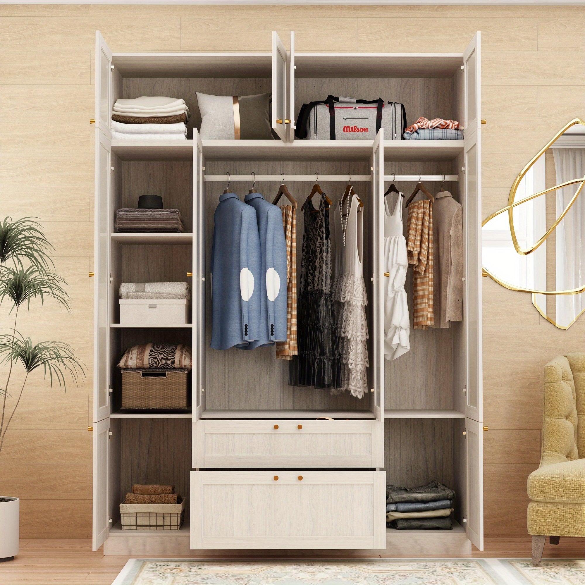 wardrobe with 4 frosted glass doors hangers shelves and drawers bedroom wooden wardrobe storage cabinet - Warm Gray