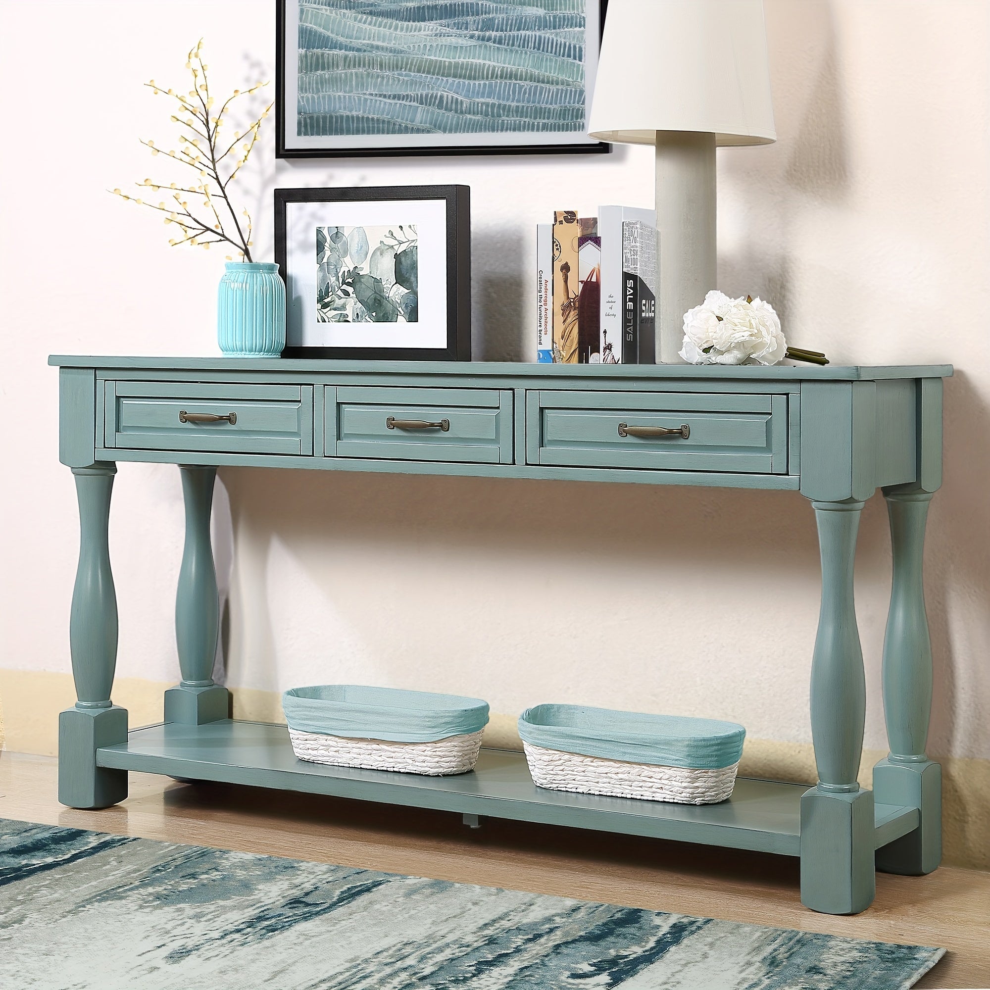 63 Inch Long Wood Console Table - Sofa & Console Tables with 3 Spacious Drawers, 1 Bottom Shelf, Easy Assembly and Extra-thick Design for Entryway and Hallway