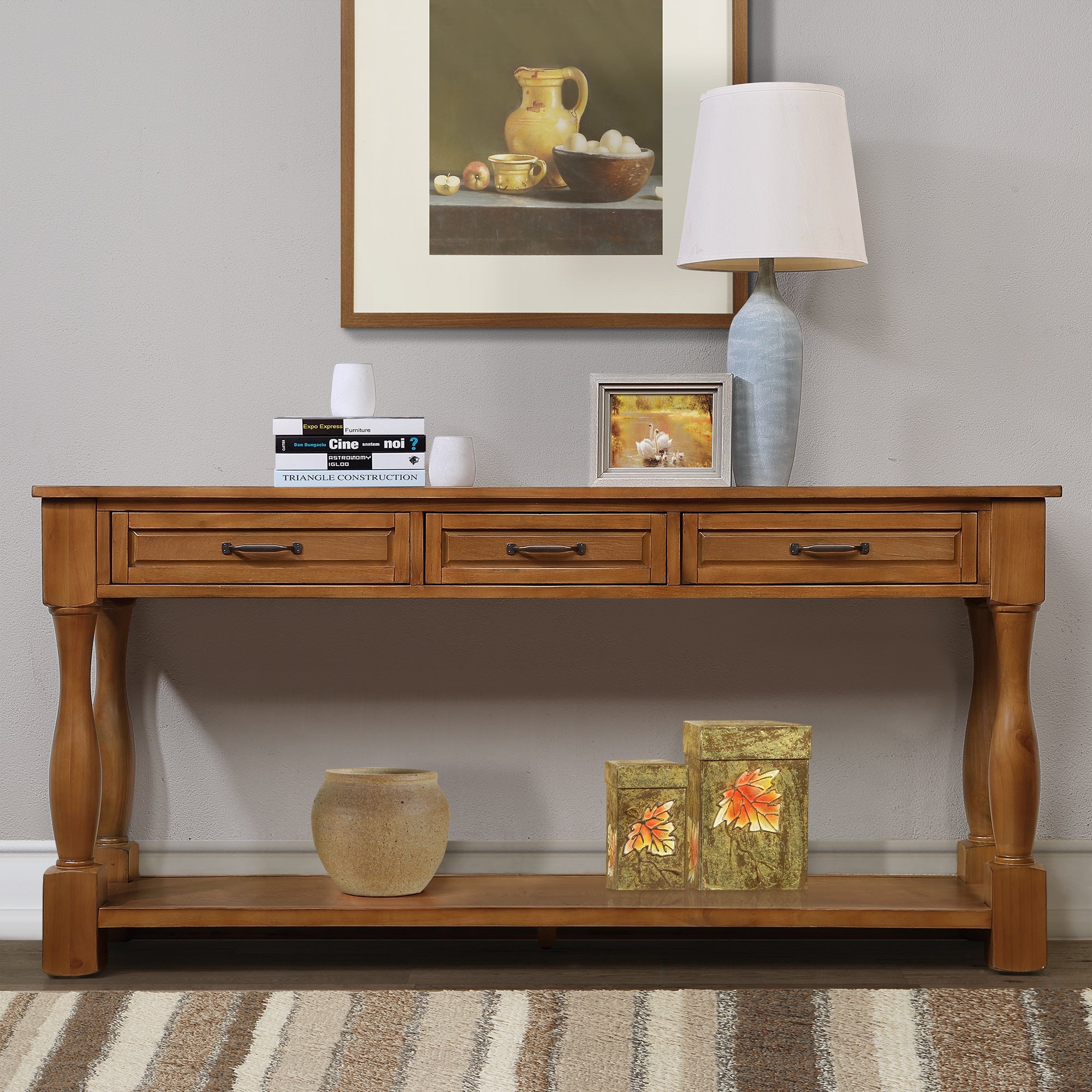 63 Inch Long Wood Console Table - Sofa & Console Tables with 3 Spacious Drawers, 1 Bottom Shelf, Easy Assembly and Extra-thick Design for Entryway and Hallway