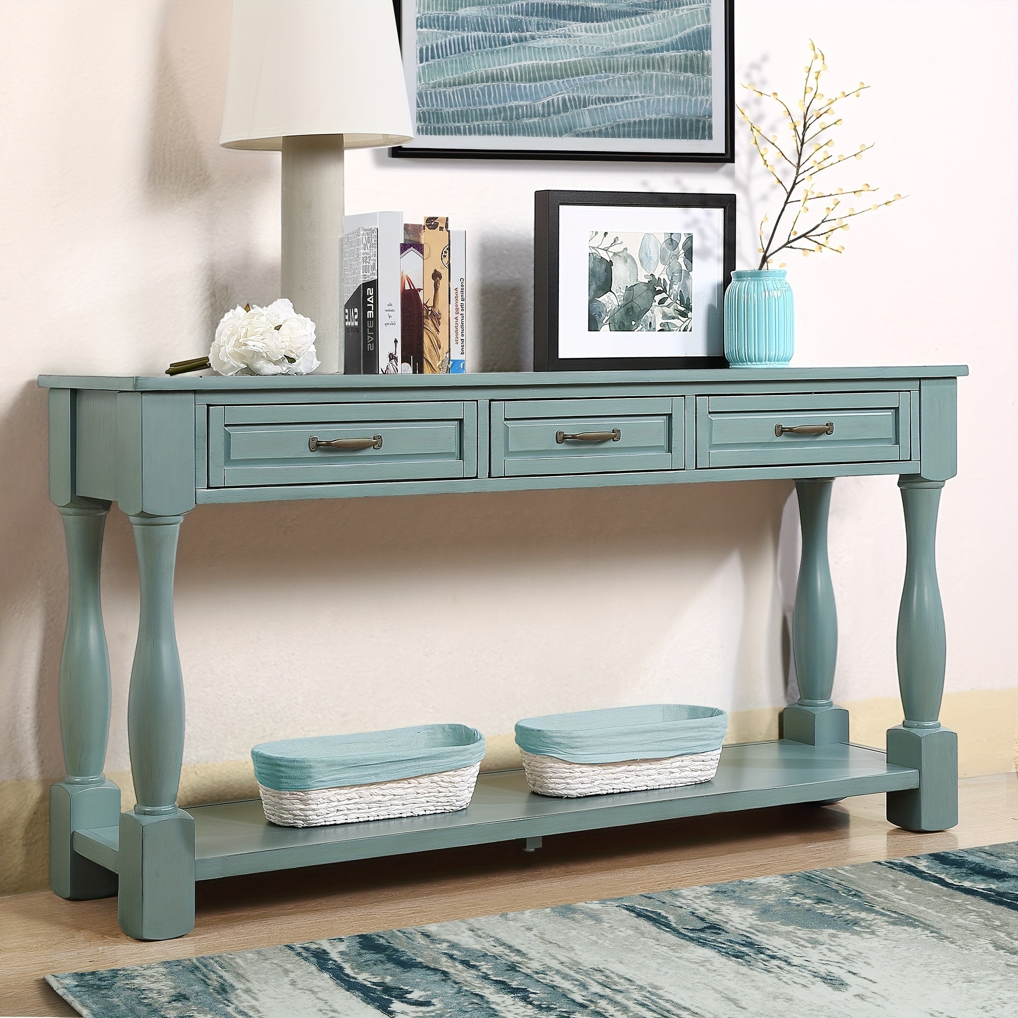 63 Inch Long Wood Console Table - Sofa & Console Tables with 3 Spacious Drawers, 1 Bottom Shelf, Easy Assembly and Extra-thick Design for Entryway and Hallway