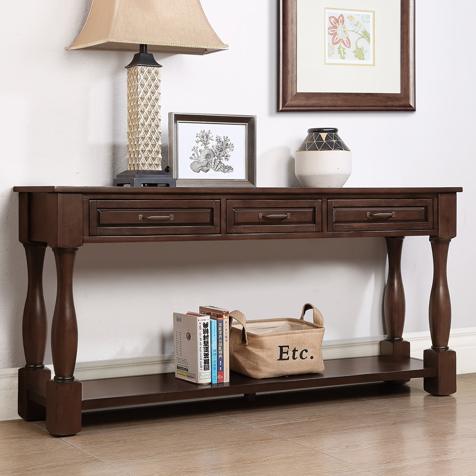 63 Inch Long Wood Console Table - Sofa & Console Tables with 3 Spacious Drawers, 1 Bottom Shelf, Easy Assembly and Extra-thick Design for Entryway and Hallway