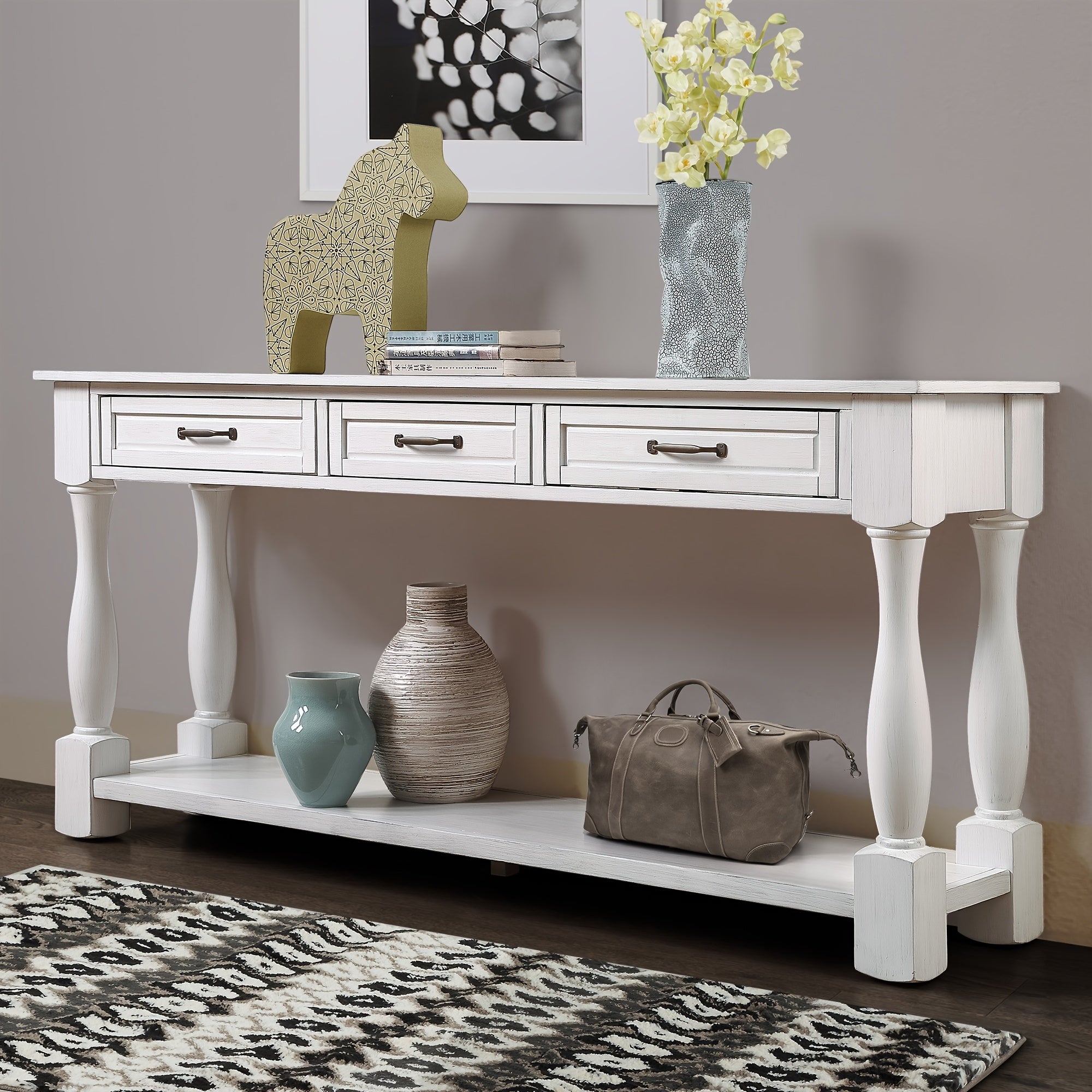 63 Inch Long Wood Console Table - Sofa & Console Tables with 3 Spacious Drawers, 1 Bottom Shelf, Easy Assembly and Extra-thick Design for Entryway and Hallway