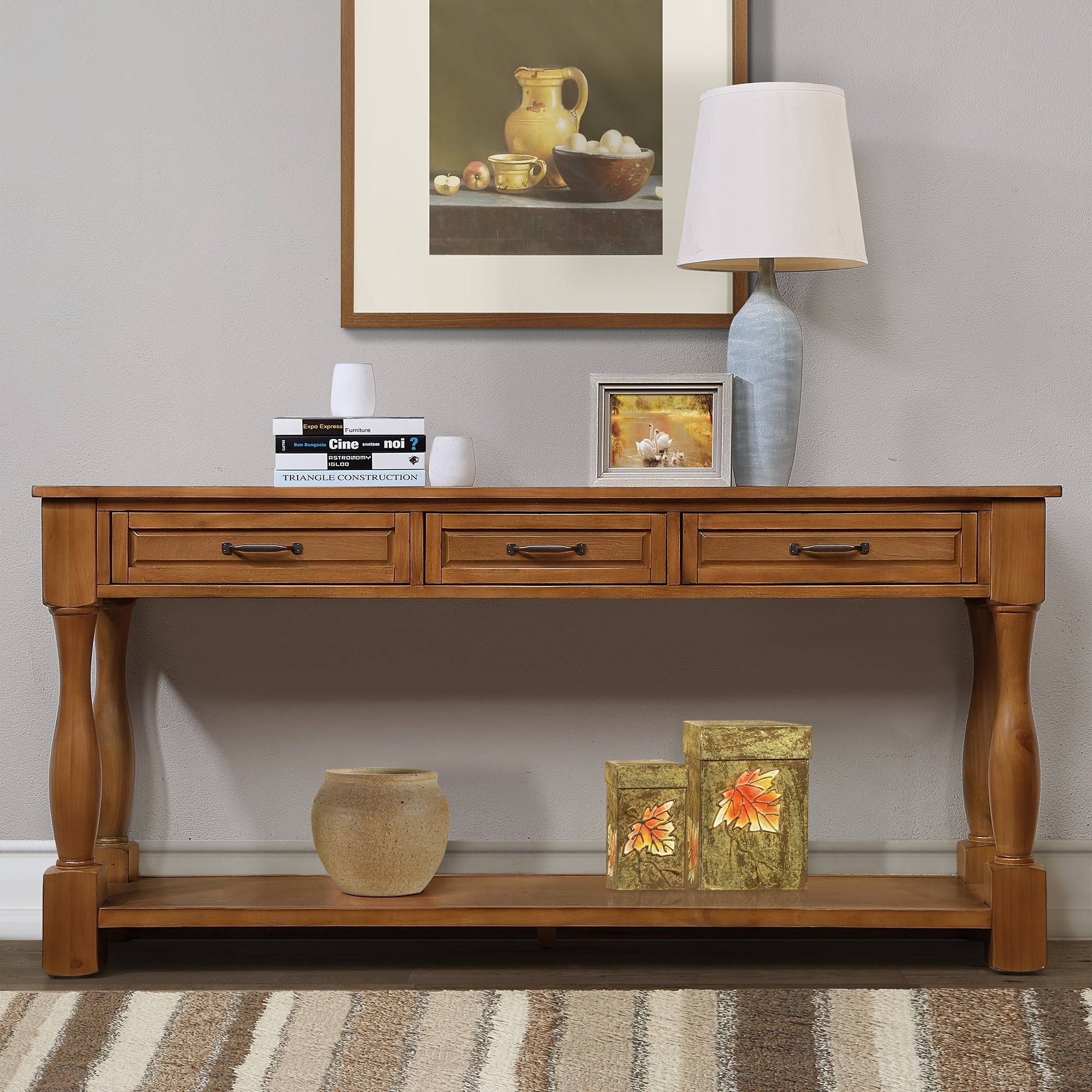 63 Inch Long Wood Console Table - Sofa & Console Tables with 3 Spacious Drawers, 1 Bottom Shelf, Easy Assembly and Extra-thick Design for Entryway and Hallway