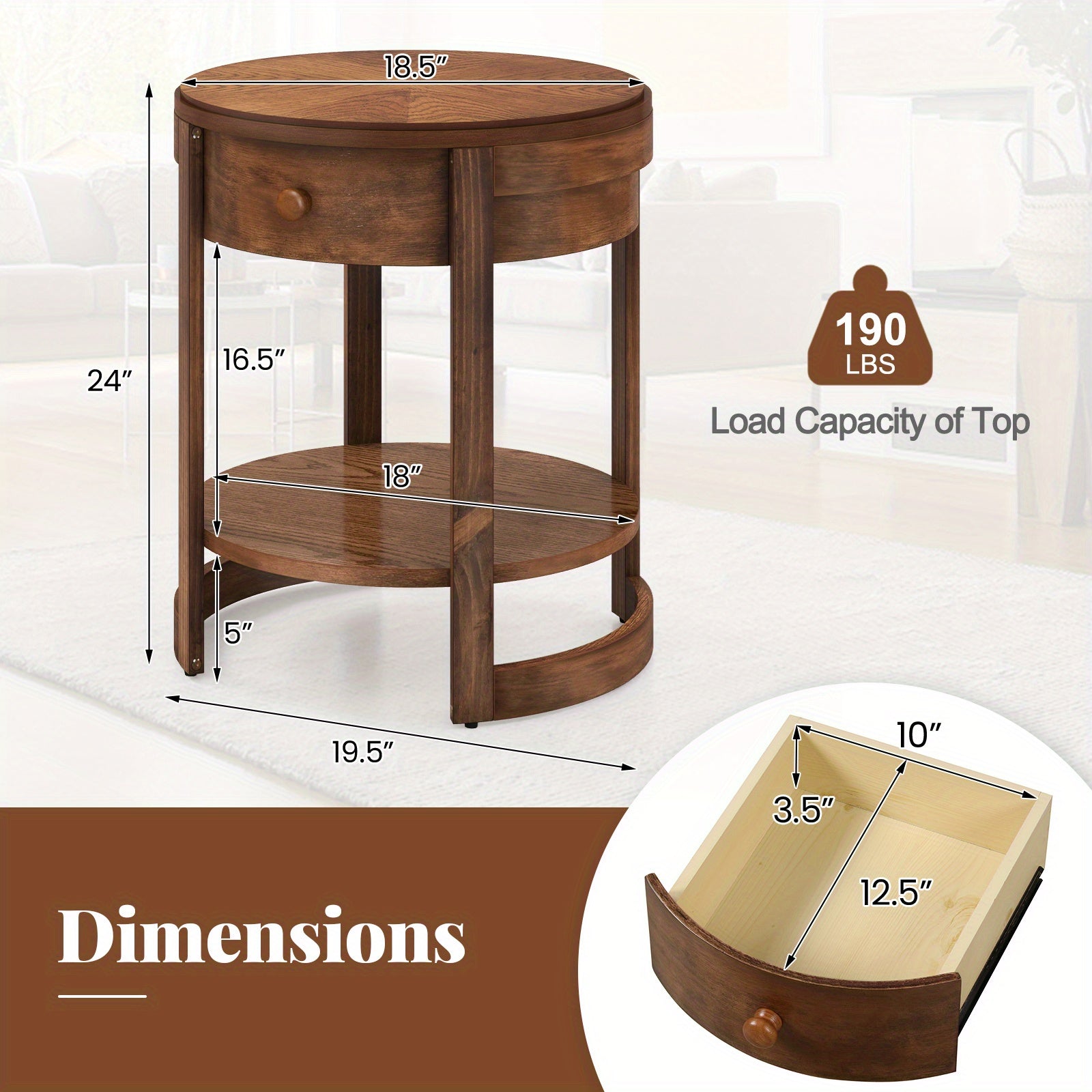 Round End Table, 2-tier Mid Century Modern Nightstand with Drawer & Shelf, Wooden Sofa Side Table with Antique Wood Grain Finish for Living Room Bedroom, Brown, 1 Piece/2 Pieces