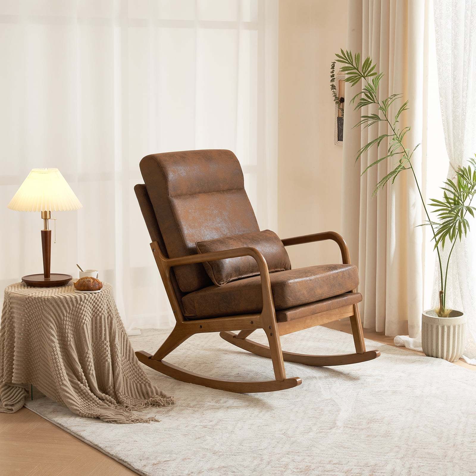 Mid-Century Accent Rocking Chair, Mordern Glider Rocker with Padded Seat and Wood Frame, Living Room Accent Chair