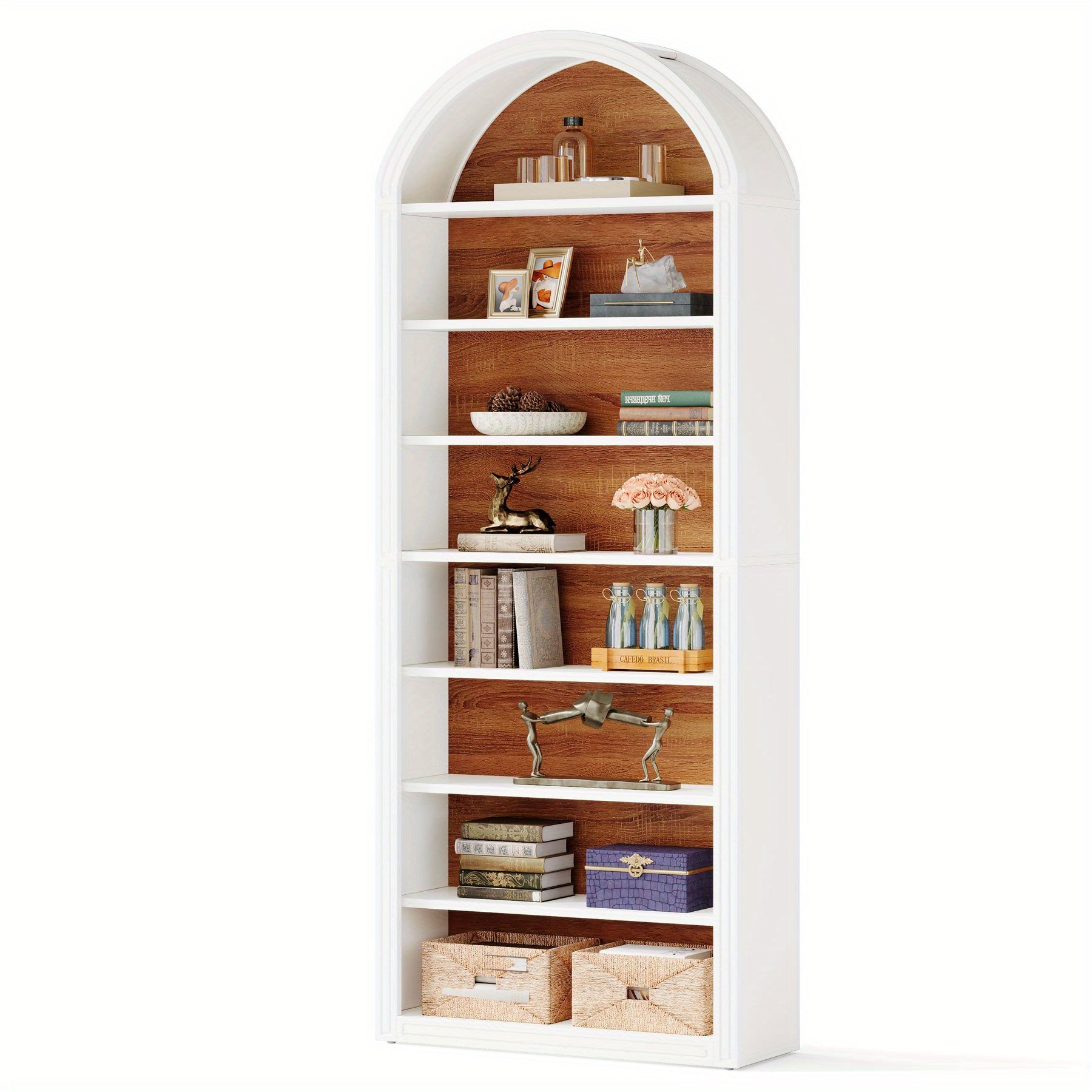 198cm Bookshelf Wooden Arched Bookcase Display Rack Wall Anchor Kit Prevents Tipping - White / 31.5’’W x 11.81’’D x