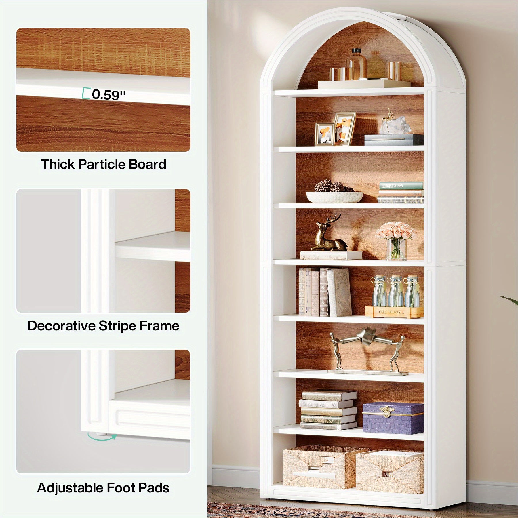 198cm Bookshelf Wooden Arched Bookcase Display Rack Wall Anchor Kit Prevents Tipping - White / 31.5’’W x 11.81’’D x